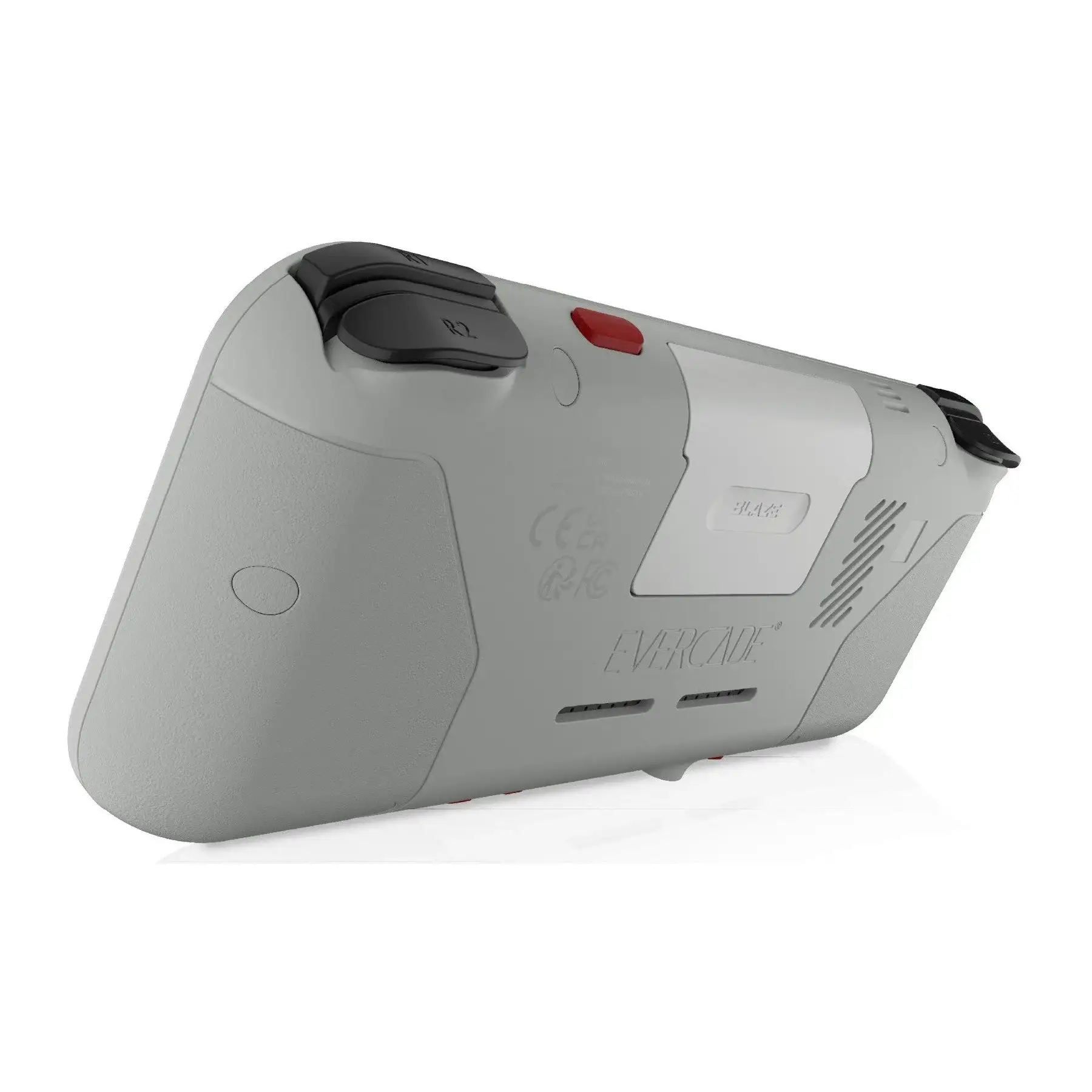 Un dispositivo portatile grigio con pulsanti neri e un pulsante rosso.