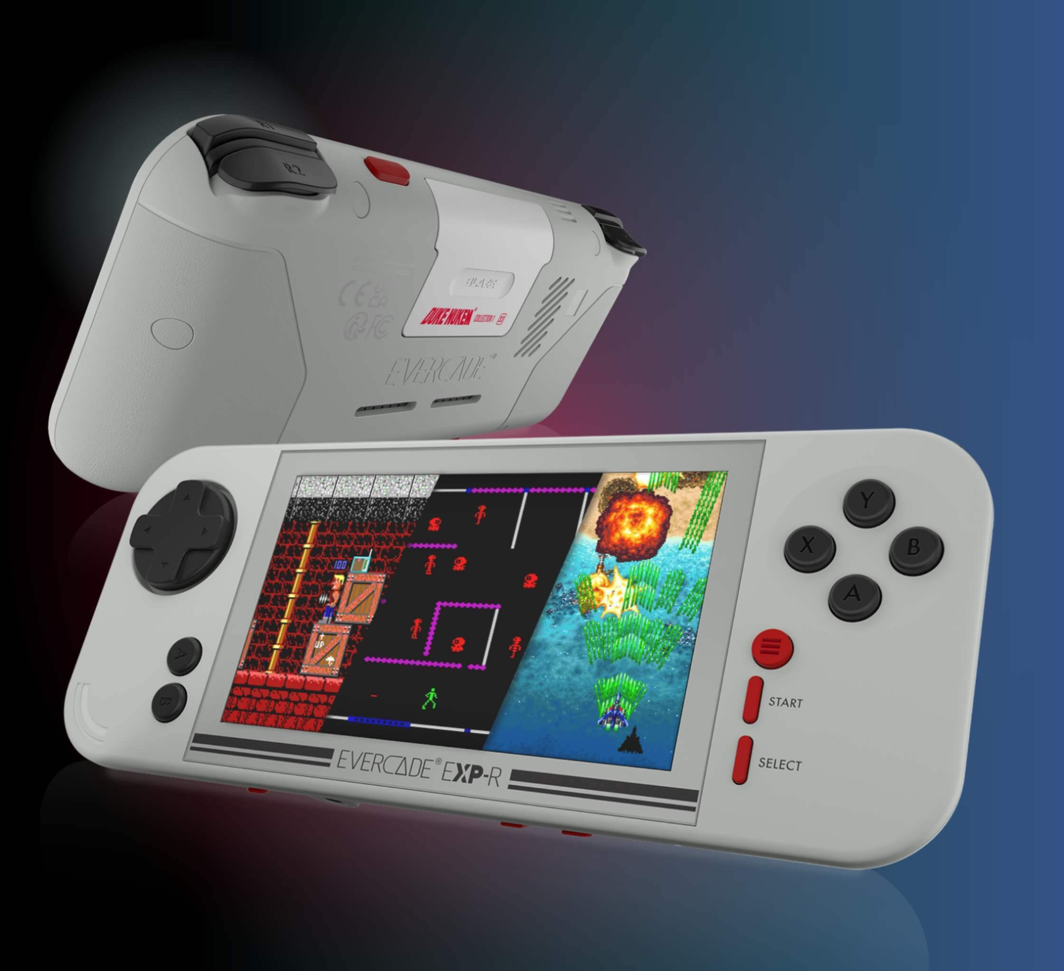 Un dispositivo di gioco portatile grigio chiaro che mostra giochi su due schermi.
