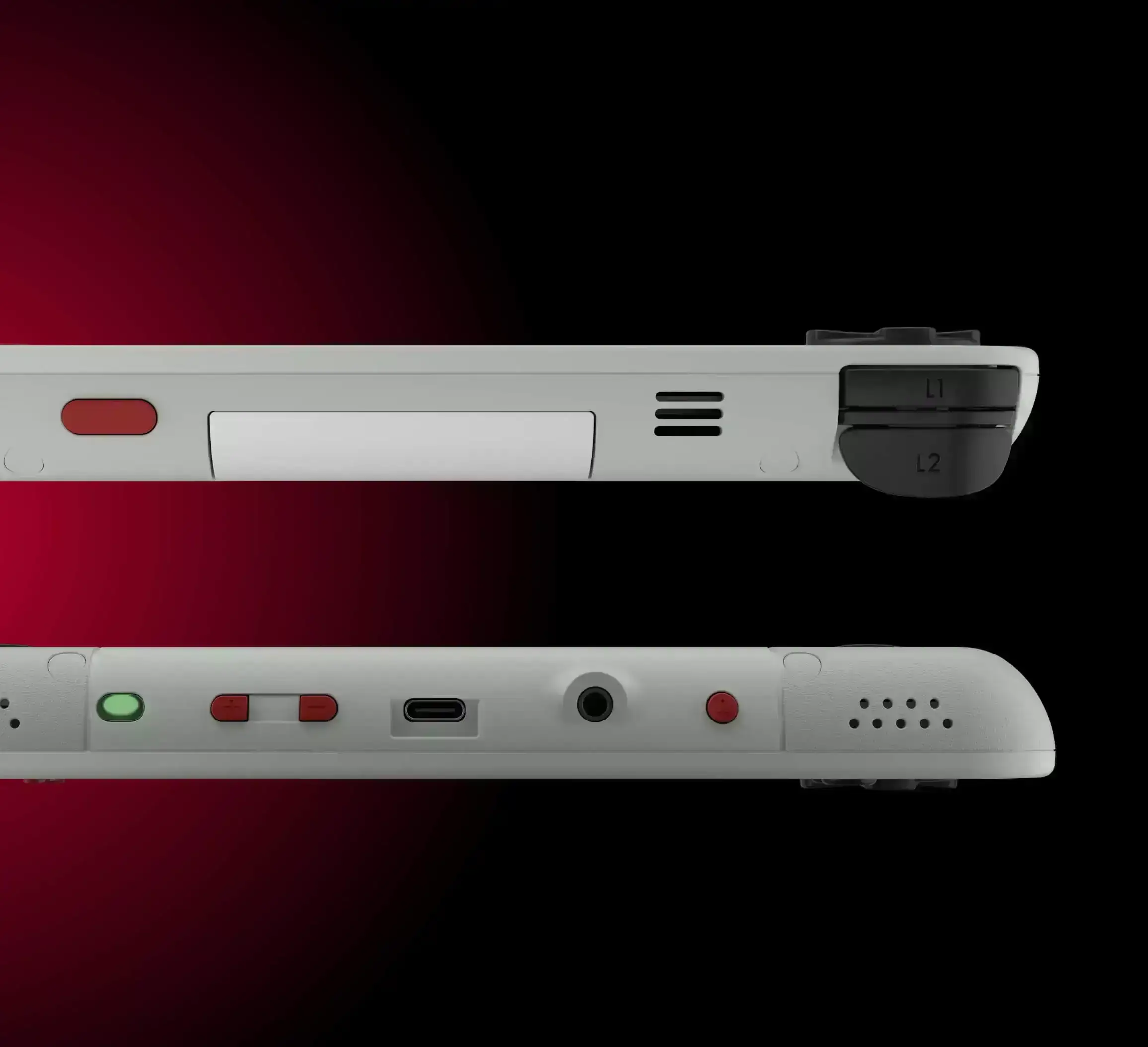 Una console portatile bianca con pulsanti L1/L2 e porte.