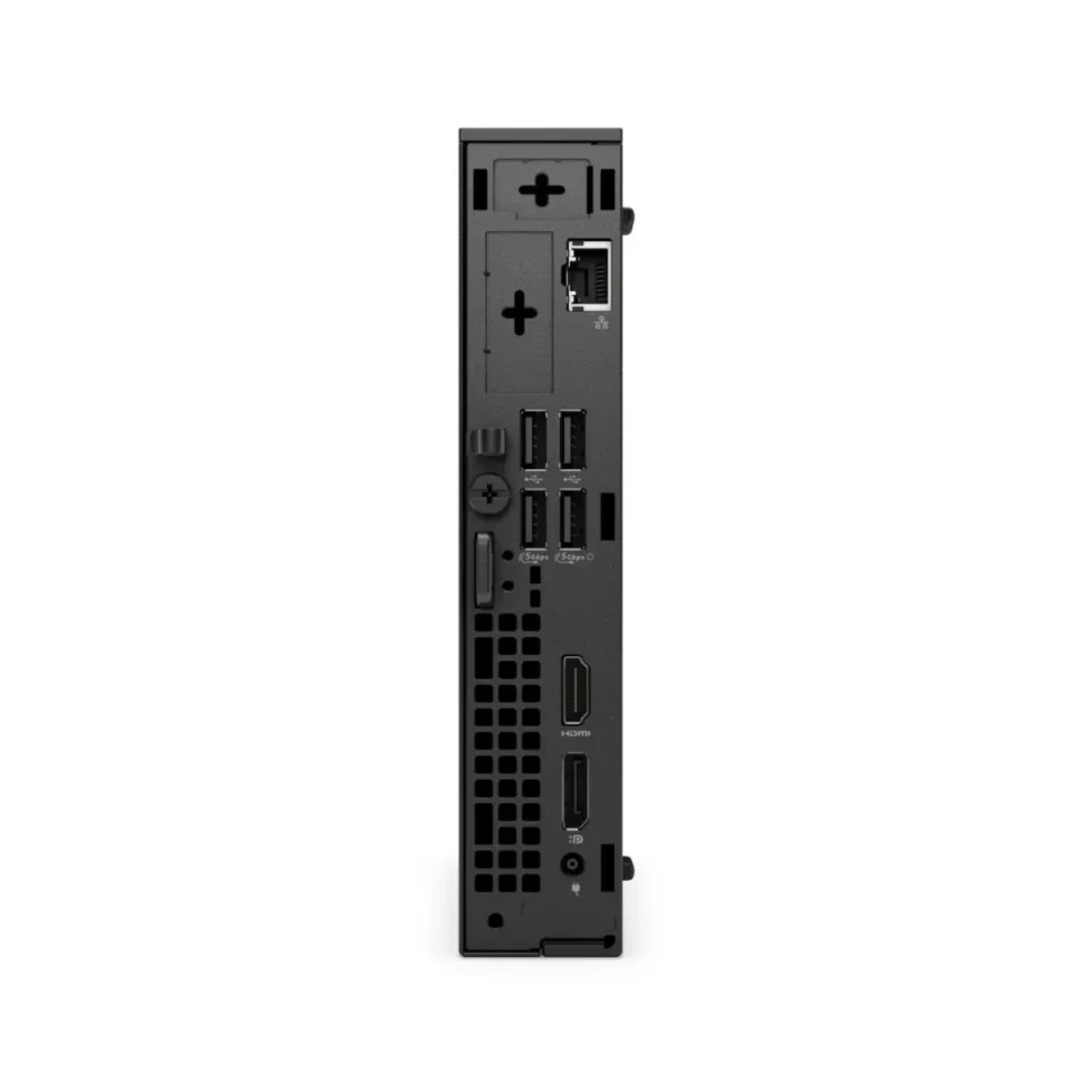 Vista trasera de un mini PC negro mostrando puertos: Ethernet, USB, HDMI y ranuras de ventilación.