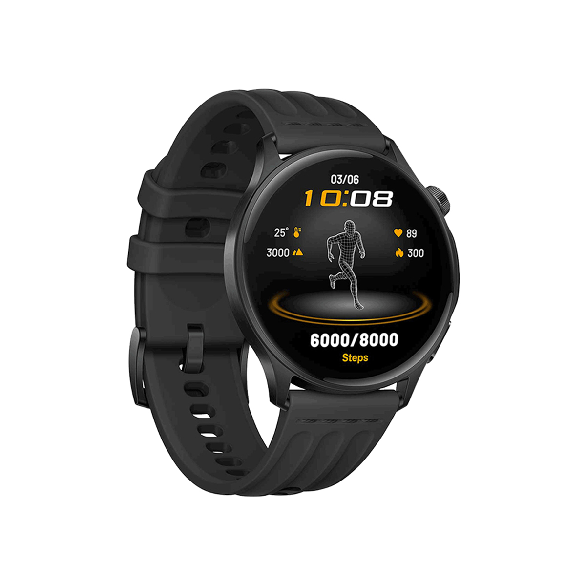 Smartwatch nero con cinturino nero. Lo schermo mostra ora, data, temperatura, passi e battito cardiaco.