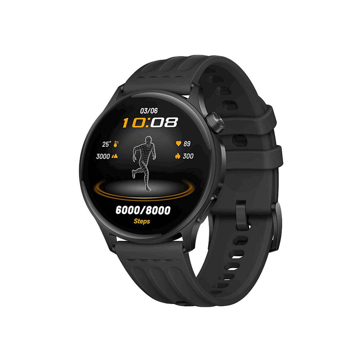 Orologio smart nero che mostra 10:08, 25°C, 3000 passi, 89 battiti e 300 calorie.
