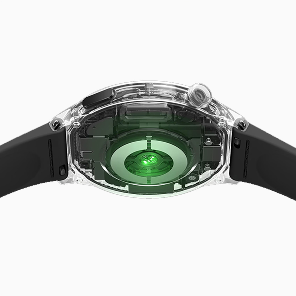 Cassa di un orologio trasparente con sensore cardiaco verde e cinturino nero.