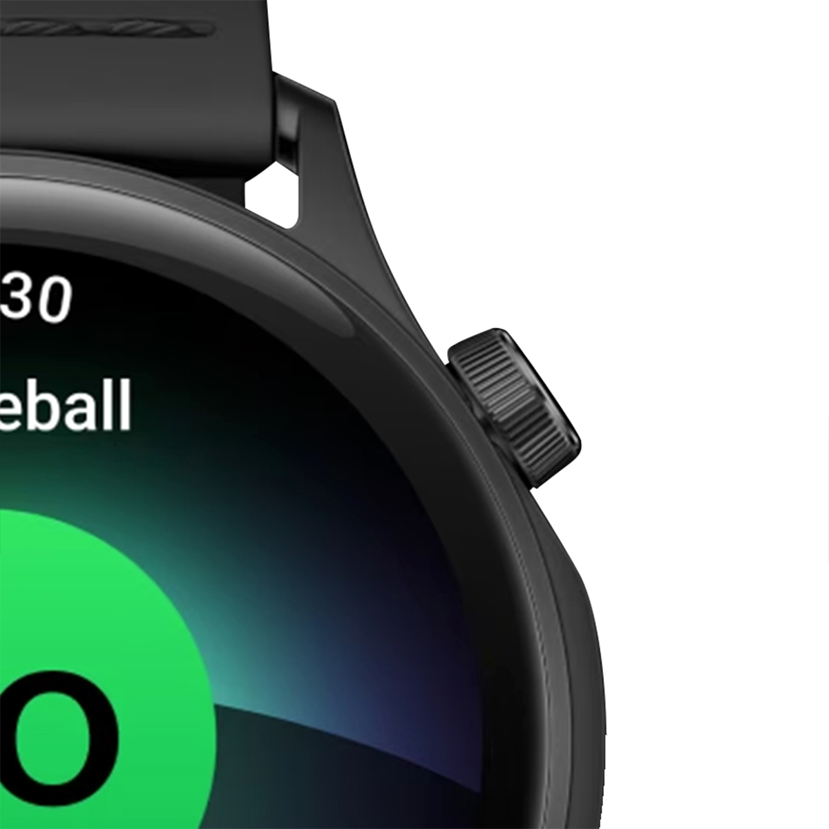 Primo piano di uno smartwatch nero che mostra '30' e 'eball' sul suo schermo.