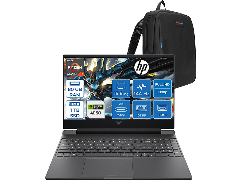 HP Victus RTX RTX4050 6GB 1920x1080 WBX9U9EAF28 AMD Ryzen 7 7445HS 80 GB RAM 1 TB SSD 15,6 inç FreeDOS Laptop+Çanta Siyah