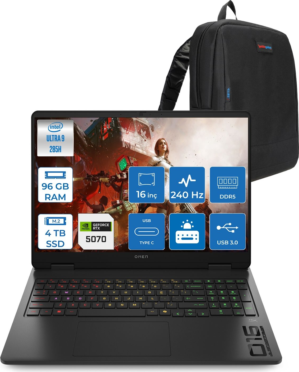 HP Omen Slim AI 8GB RTX5070 240 Hz 3 ms 500nits CD7J9EAF47 Intel Core Ultra 9 285H 96 GB RAM 4 TB SSD 16 inç FreeDOS Laptop+Çanta Siyah
