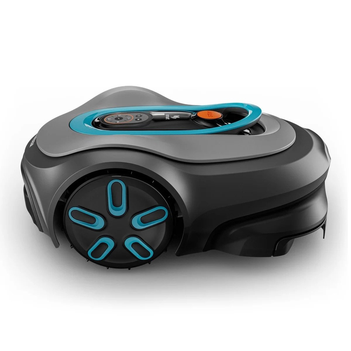 Un robot cortacésped gris y negro con detalles azules sobre fondo blanco.