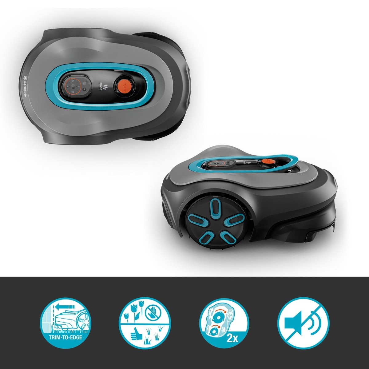 Un robot cortacésped gris con detalles azules, visto desde arriba y de lado.
