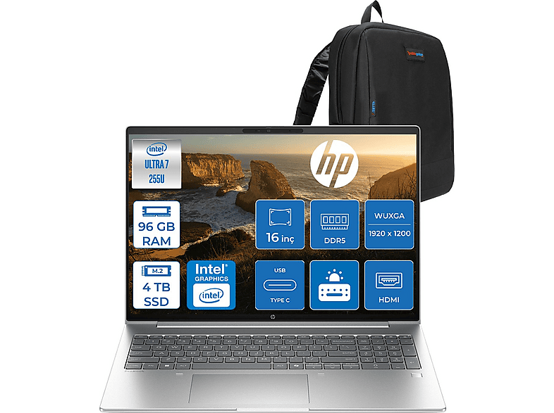 HP ProBook 4 G1I AI 1920x1200 300nits C9FY2ETF30 Intel Core Ultra 7 255U 96 GB RAM 4 TB SSD 16 inç FreeDOS Laptop+Çanta Siyah