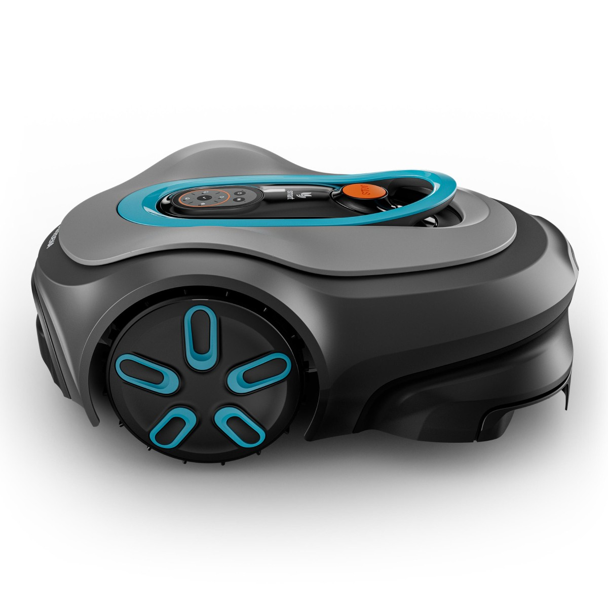 Un tosaerba robotizzato grigio con accenti blu è su una superficie bianca.