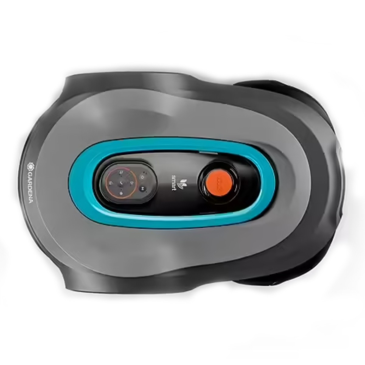 Un robot tosaerba grigio con accento blu e un pulsante arancione.