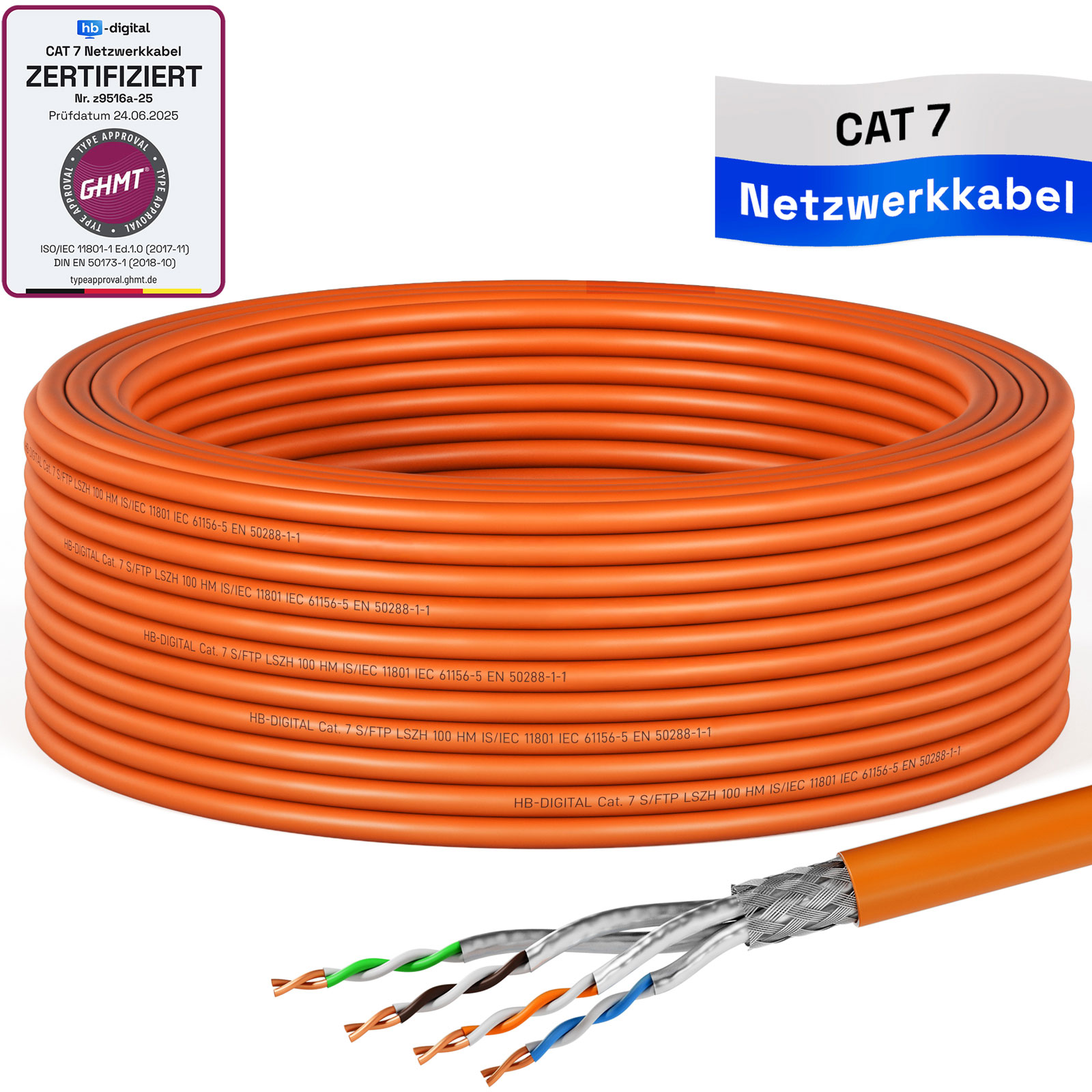 Ein orangefarbenes CAT 7 Netzwerkkabel mit Zertifizierung, aufgerollt und mit freigelegten Adern.