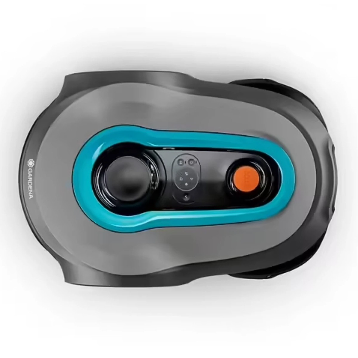 Cortacésped robot gris con acento azul y botón naranja.