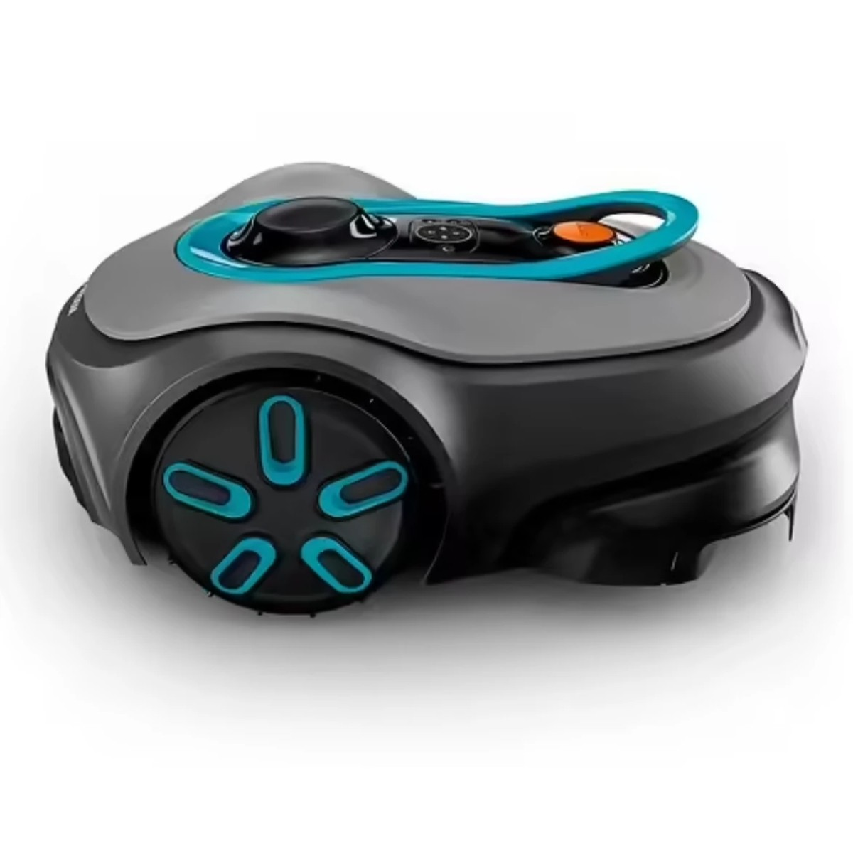 Un cortacésped robot gris y negro con detalles azules está sobre una superficie blanca.