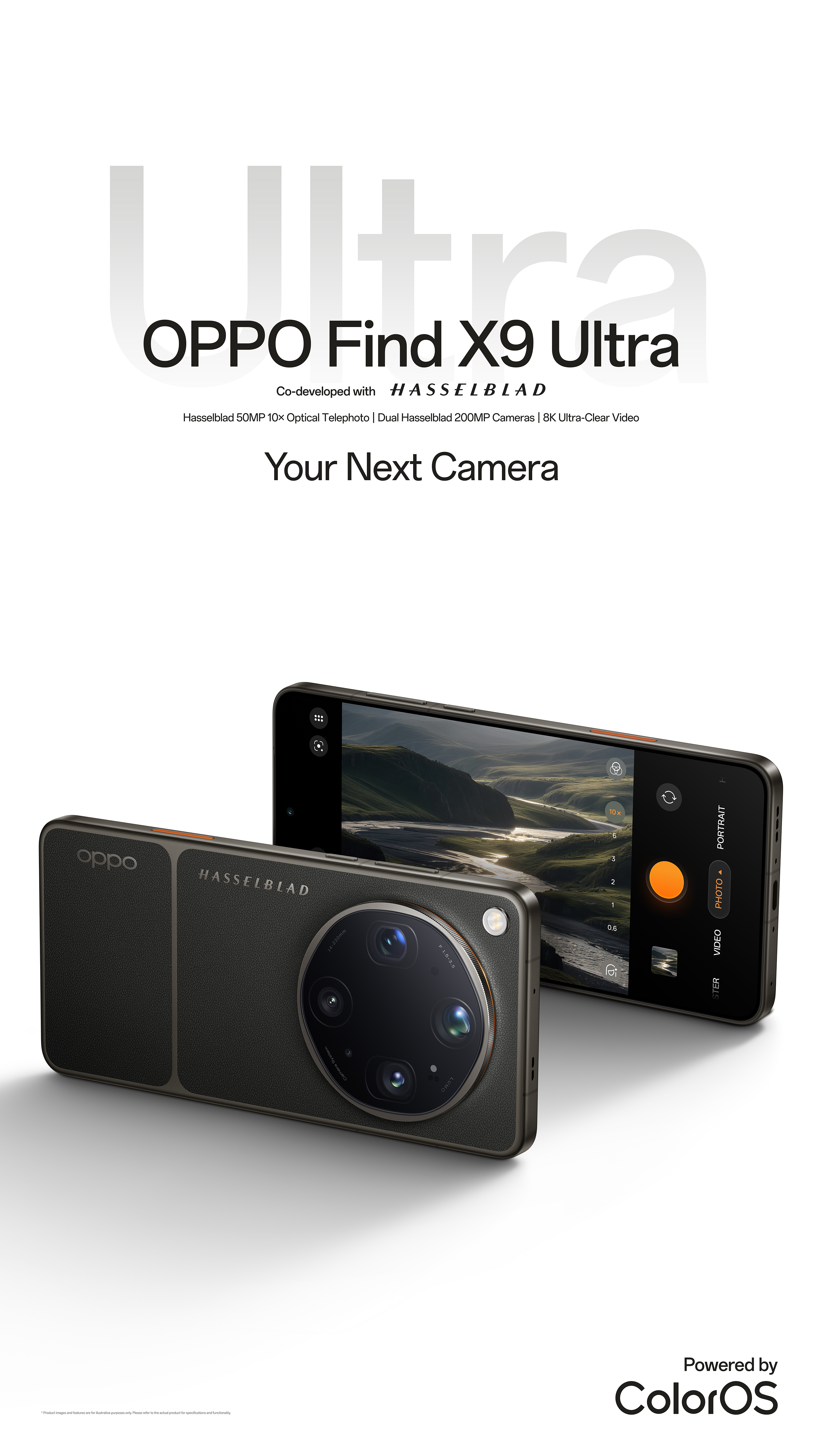 OPPO Find X9 Ultra with Hasselblad cameras. Shows two phones, one focusing on the back.