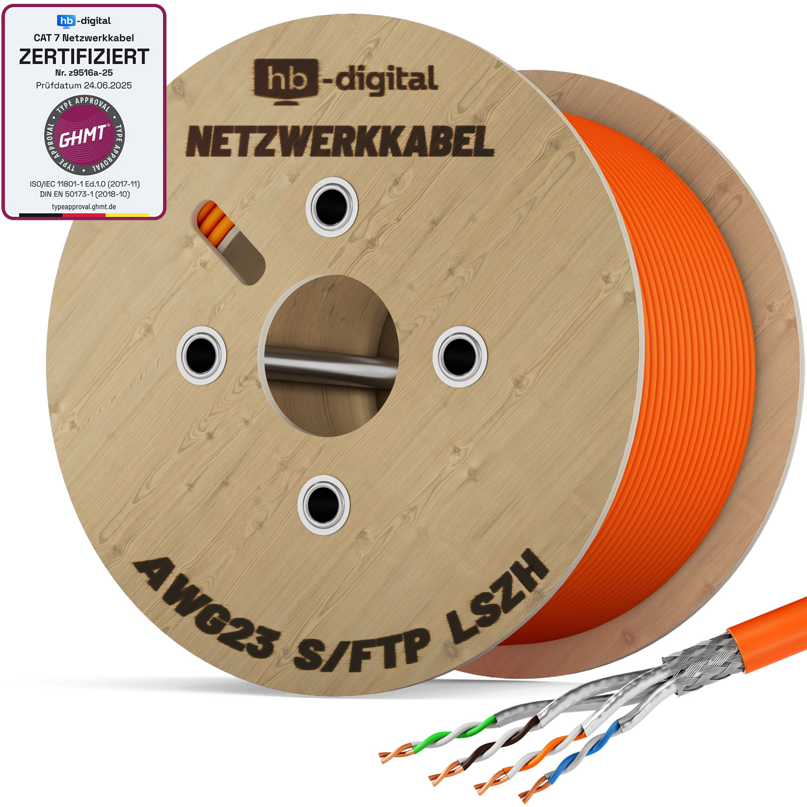 Ein Kabeltrommel mit orangefarbenem CAT 7 Netzwerkkabel, AWG23 S/FTP LSZH.