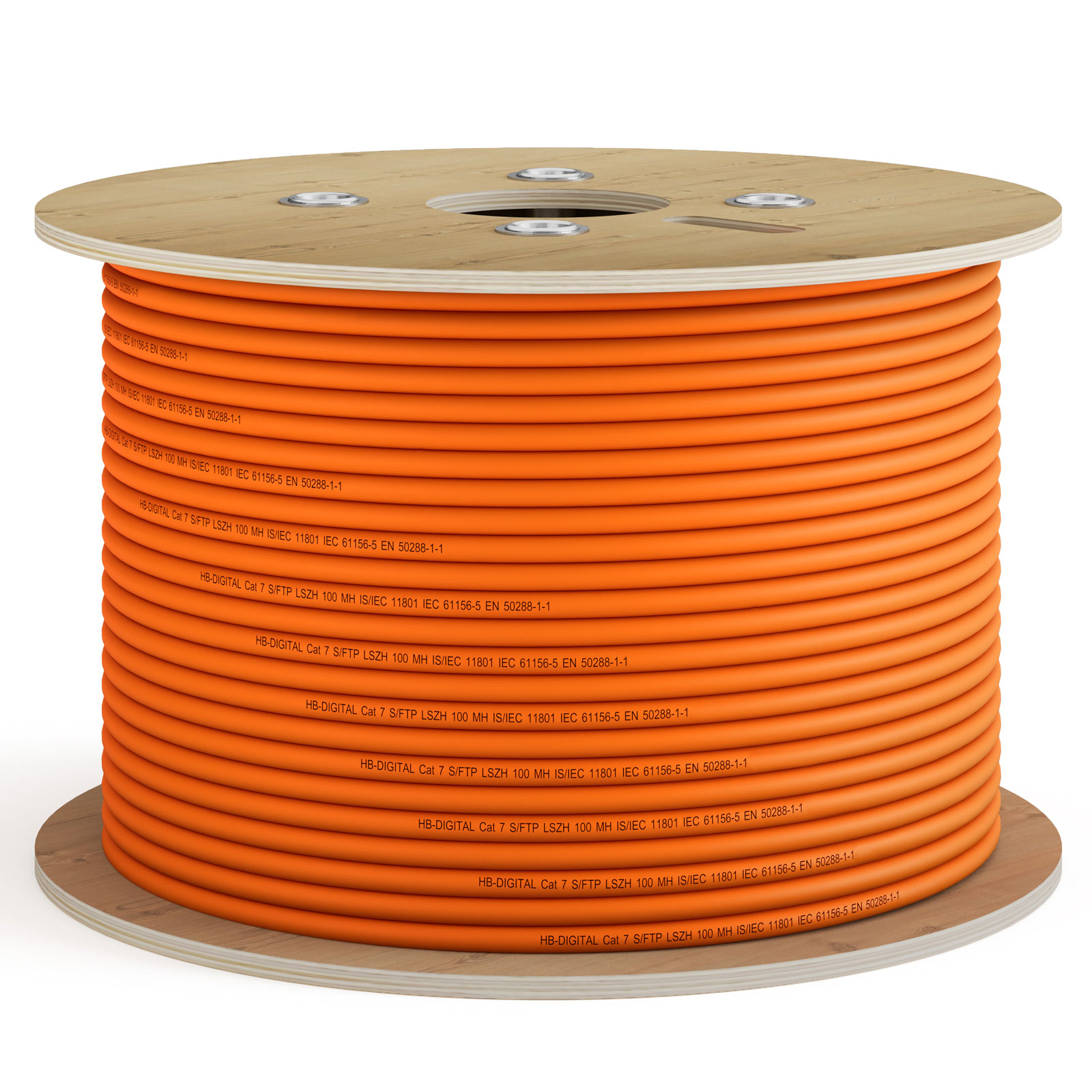 Ein großer Kabeltrommel mit orangem Kabel, auf weißem Hintergrund.