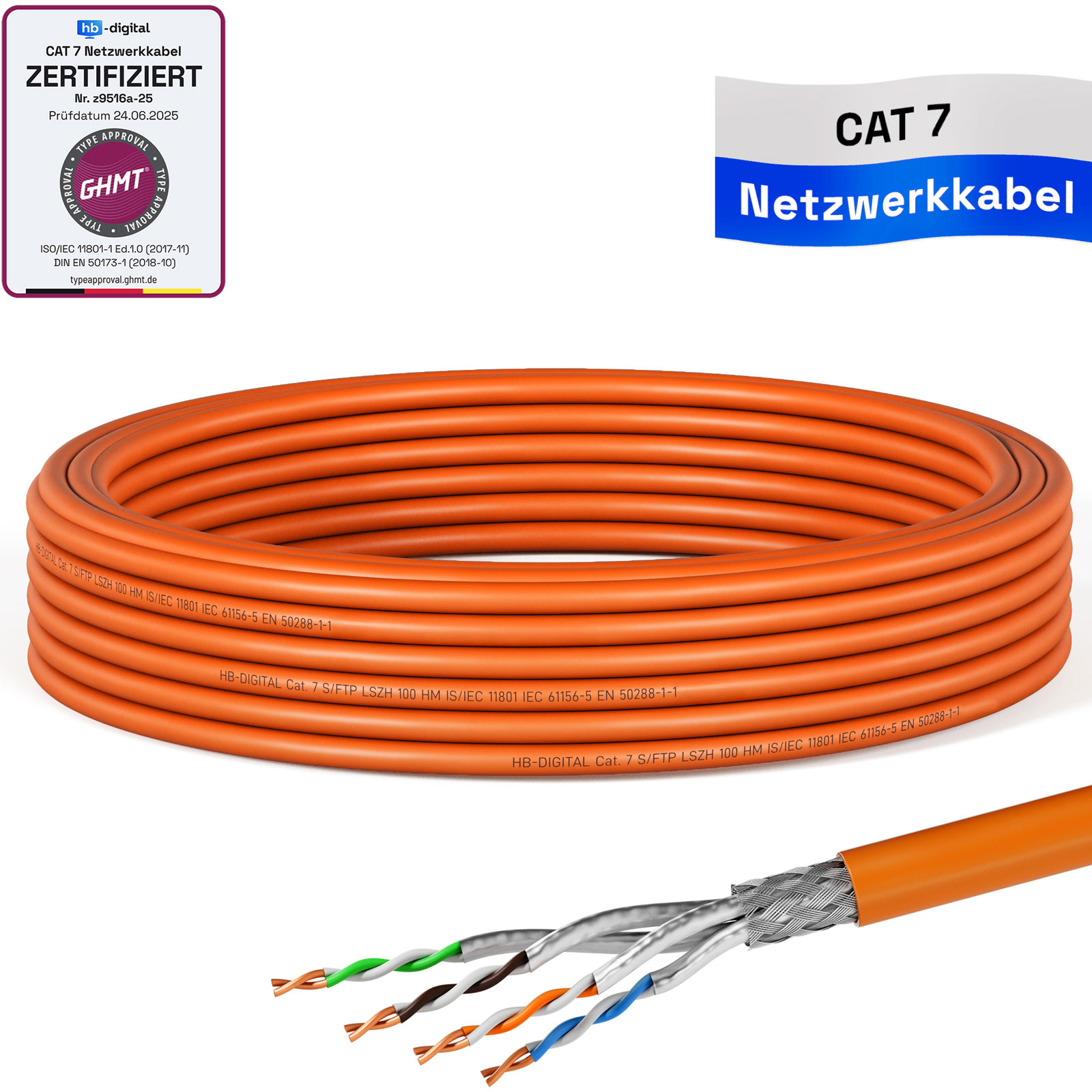 Orange CAT 7 Netzwerkkabel gerollt, mit Zertifikat und freigelegten Adern.