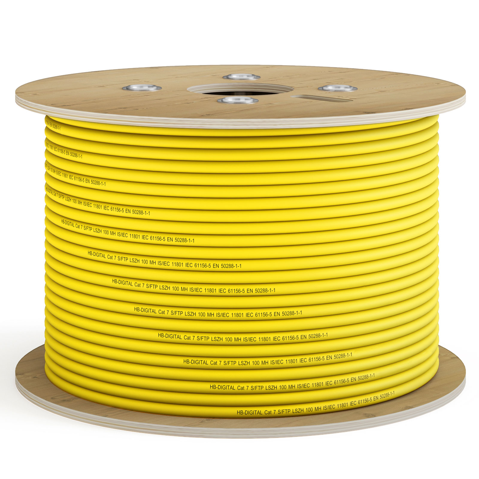 Große Kabeltrommel mit gelbem Cat 7 S/FTP LSZH-Kabel, aufgewickelt.