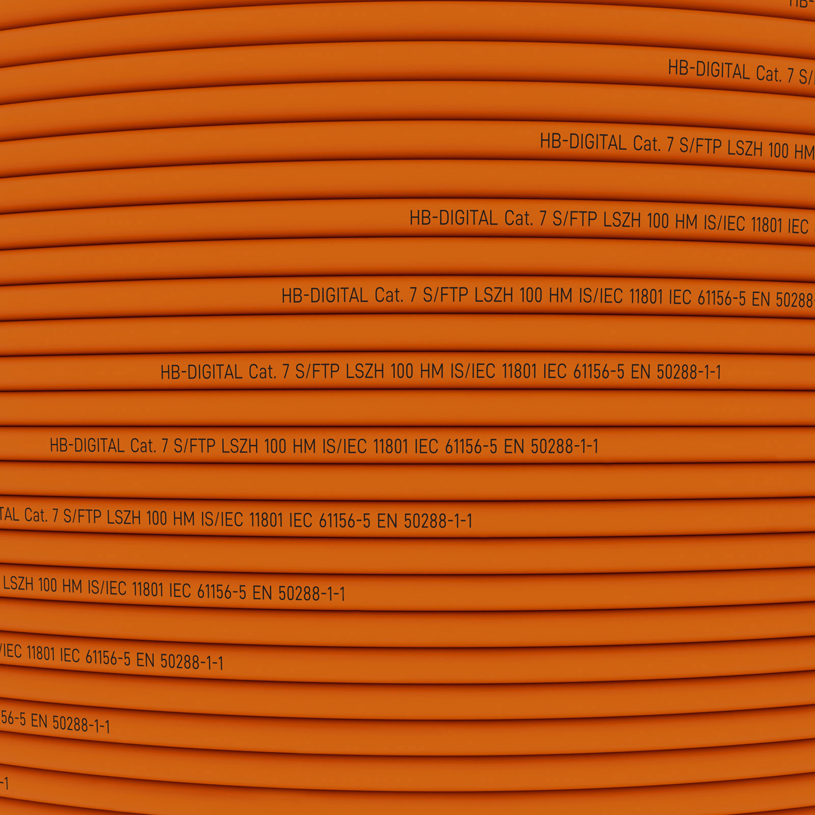 Orangefarbene Kabel mit Aufschriften wie HB-DIGITAL Cat. 7 S/FTP LSZH 100 HM.