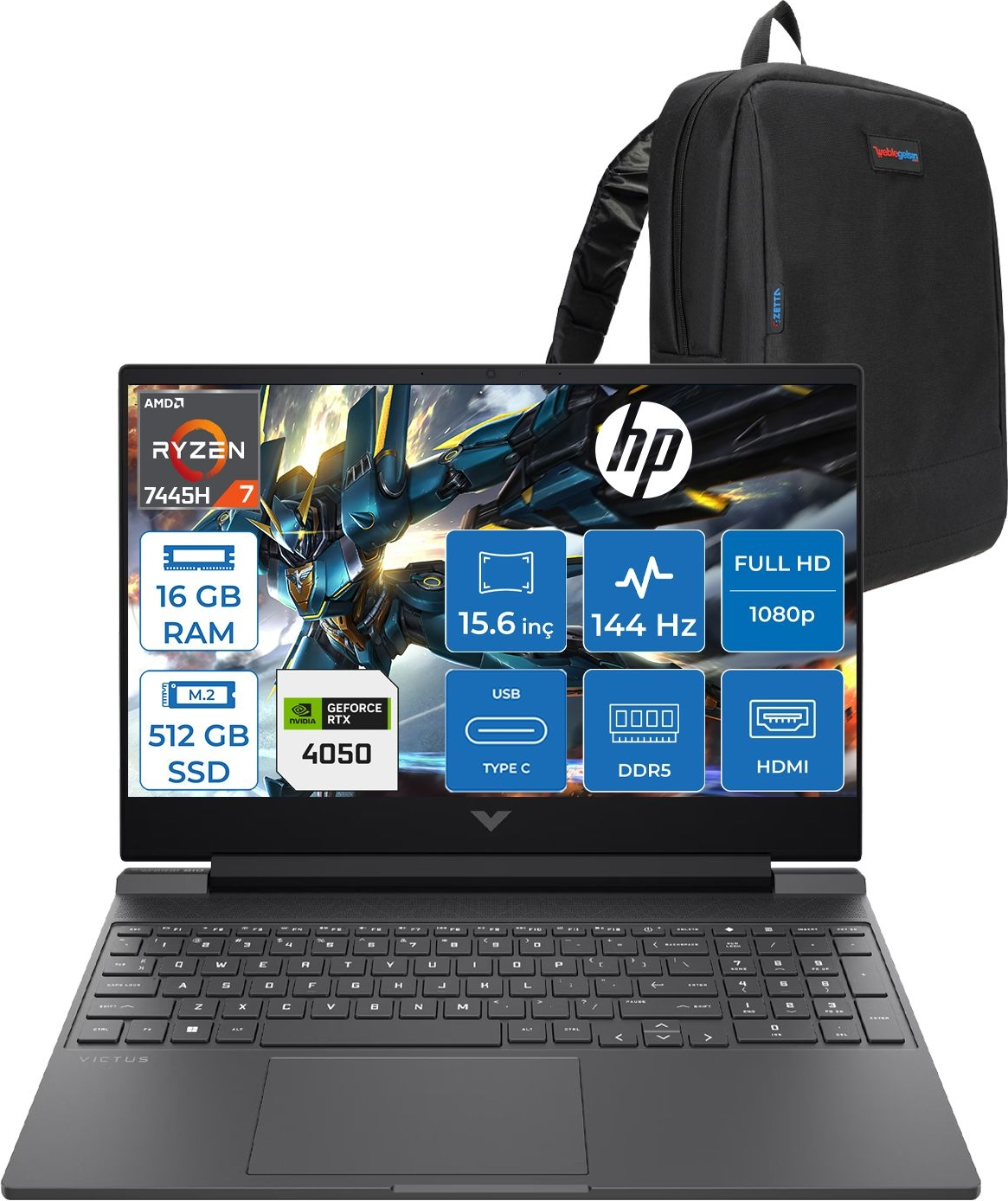 HP Victus RTX RTX4050 6GB 1920x1080 WBX9U9EAF02 AMD Ryzen 7 7445HS 16 GB RAM 512 GB SSD 15,6 inç FreeDOS Laptop+Çanta Siyah
