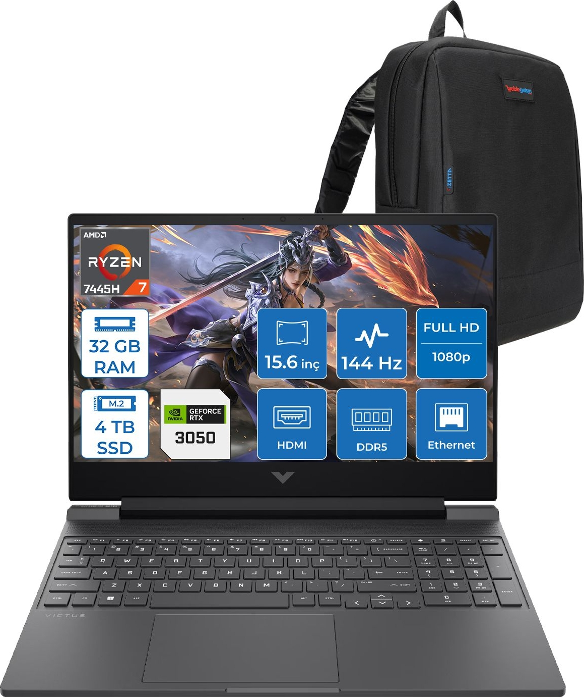 HP Victus RTX 3050 4GB 1920x1080 WBX9V1EAF15 AMD Ryzen 7 7445HS 32 GB RAM 4 TB SSD 15,6 inç FreeDOS Laptop+Çanta Siyah