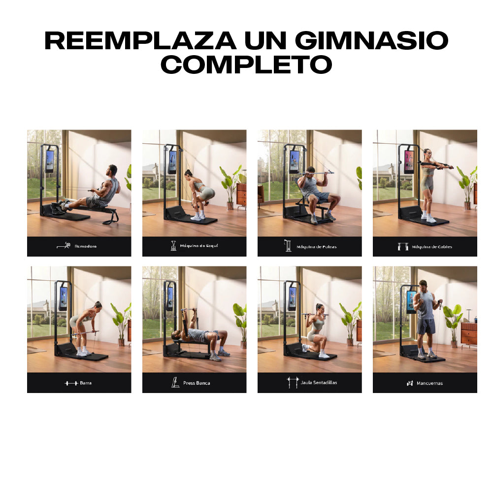 Hombre remando, mujer en cuclillas, hombre jalando, mujer extendiendo brazos, mujer levantando, hombre en press banca, mujer en cuclillas.