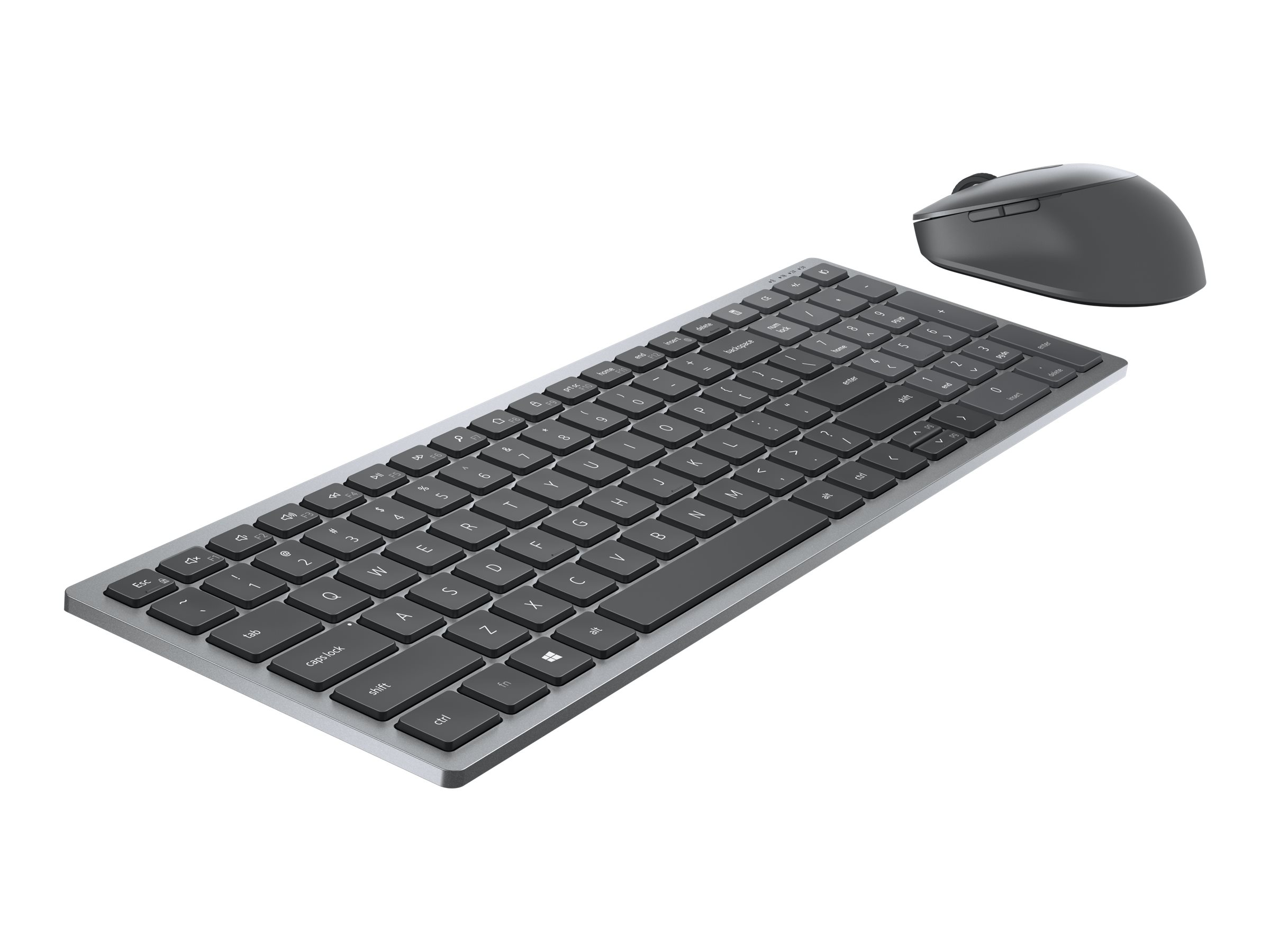 A grey wireless keyboard and mouse are on a white background.