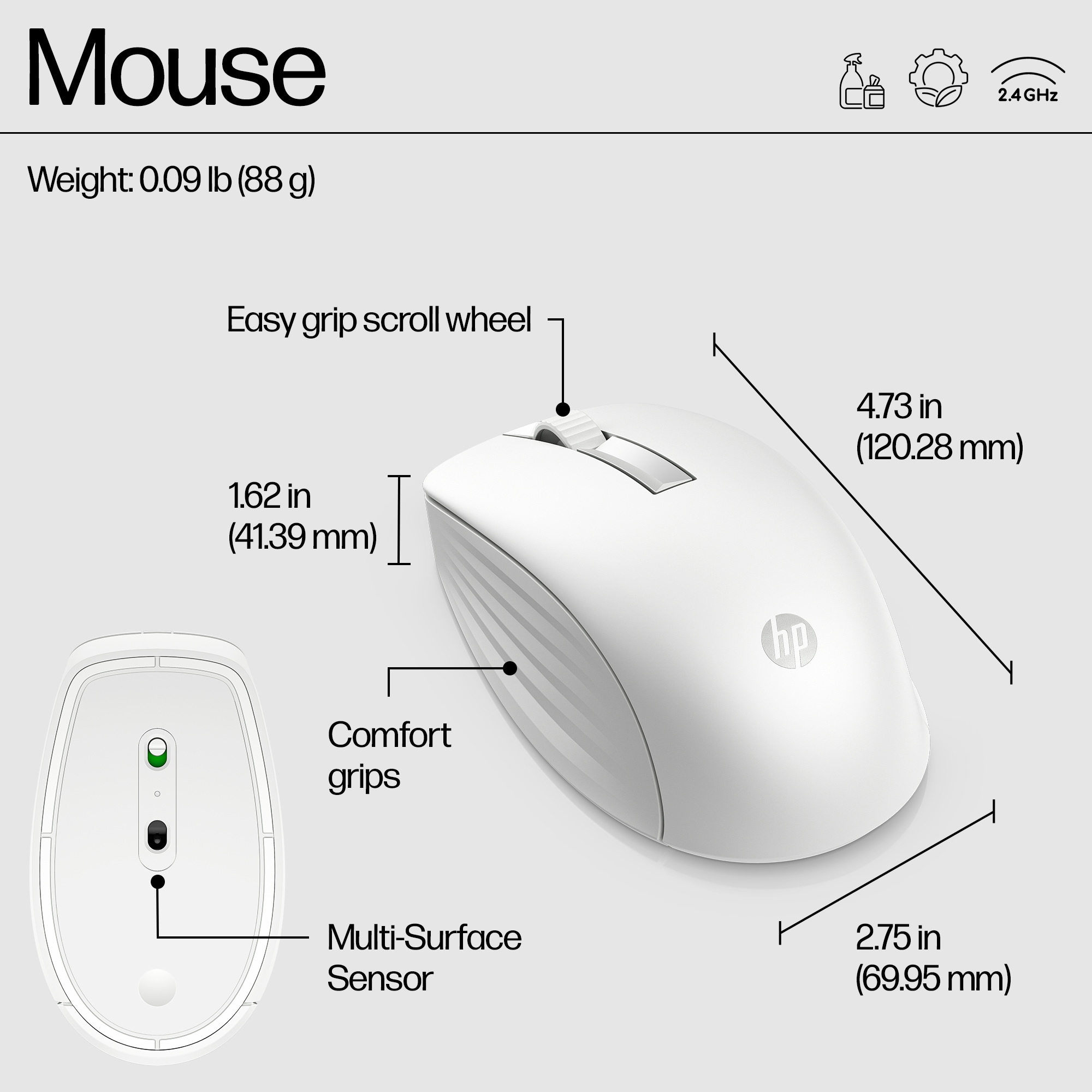 White HP mouse with scroll wheel, comfort grips, and multi-surface sensor.