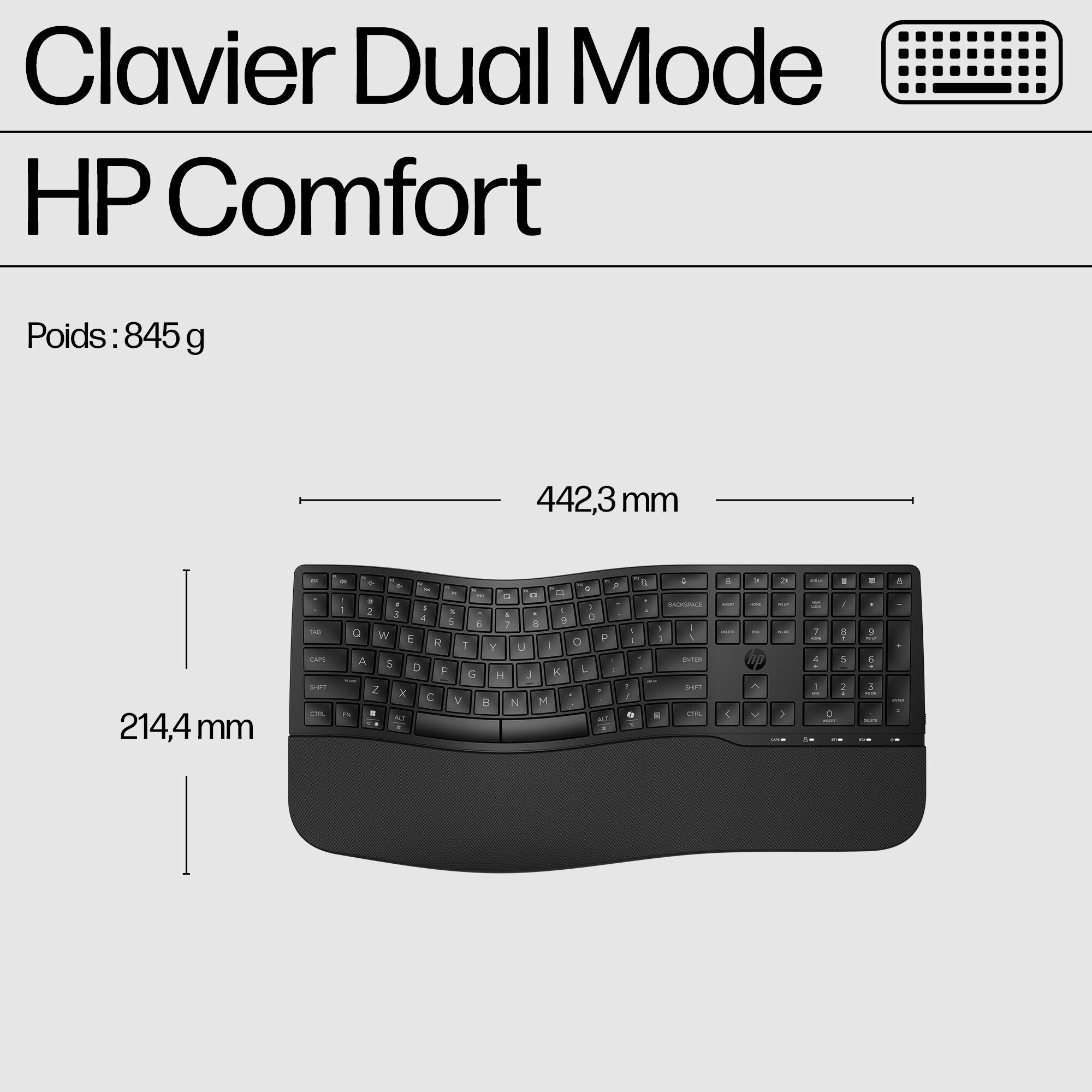 Schwarze HP Dual Mode Comfort Tastatur, 442,3mm breit, 214,4mm hoch.