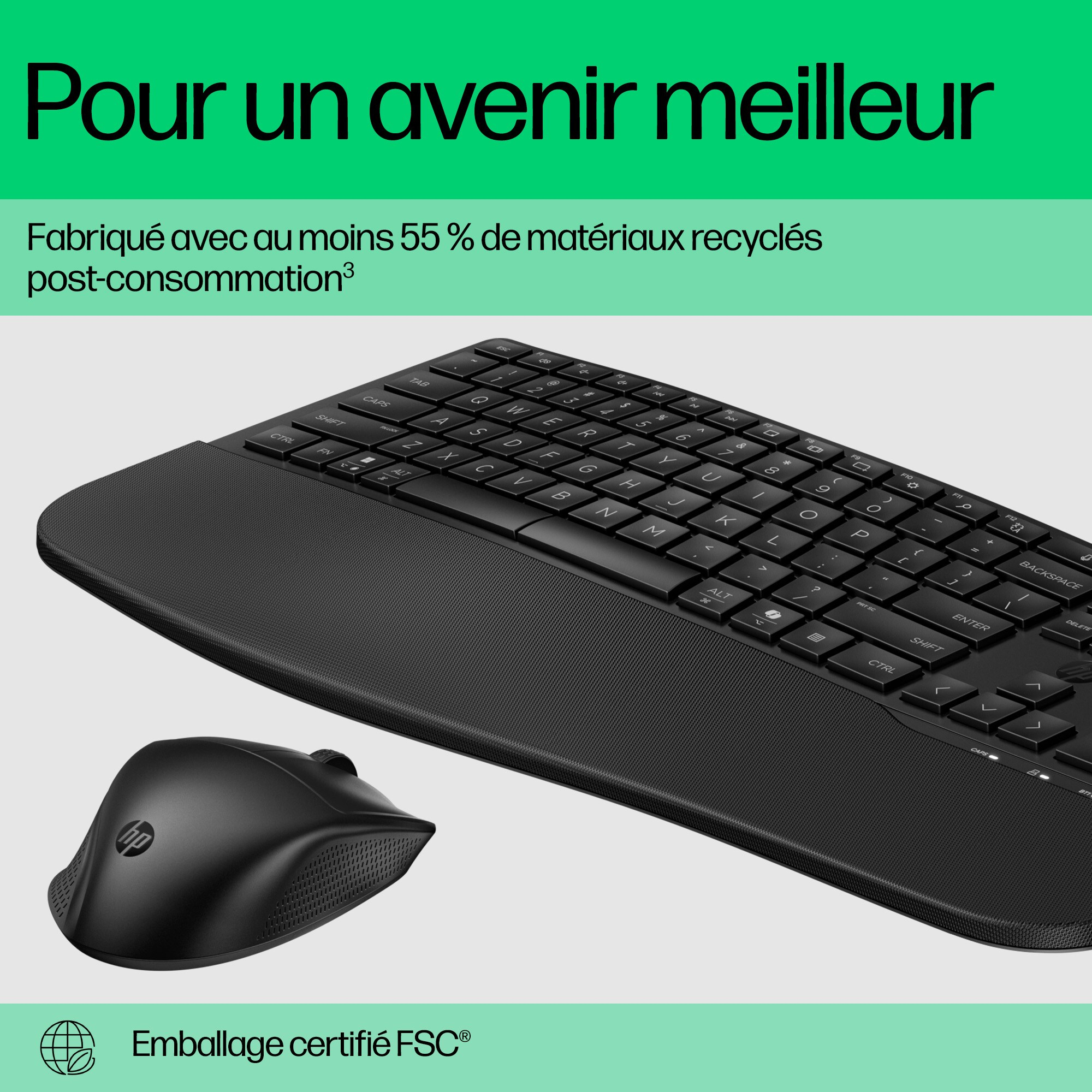 Schwarze Tastatur und Maus mit HP Logo, umgeben von Text über Recycling.