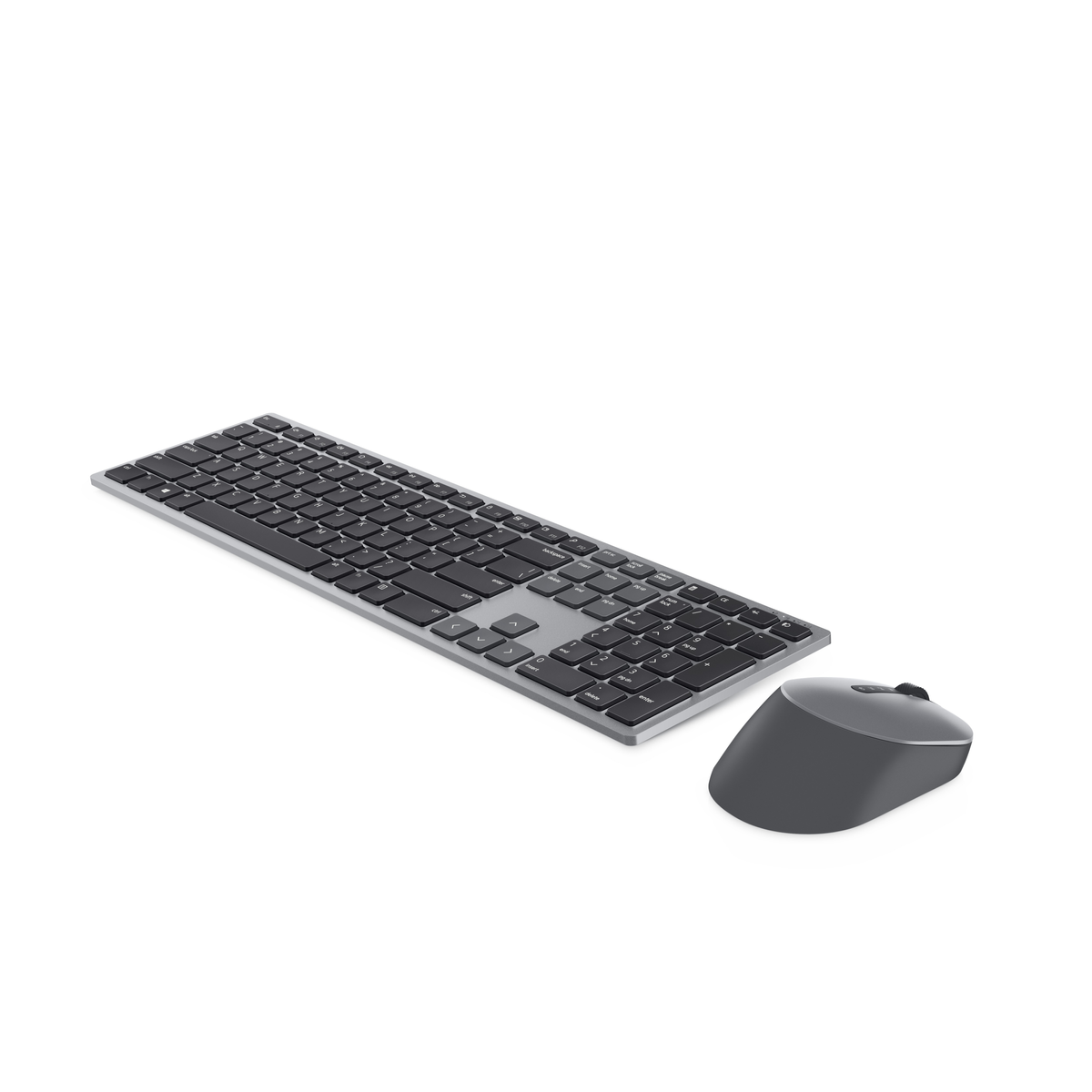 A grey wireless keyboard and mouse are placed on a white background.