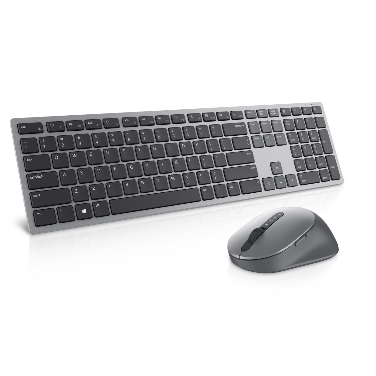 A gray wireless keyboard and mouse are on a white surface.