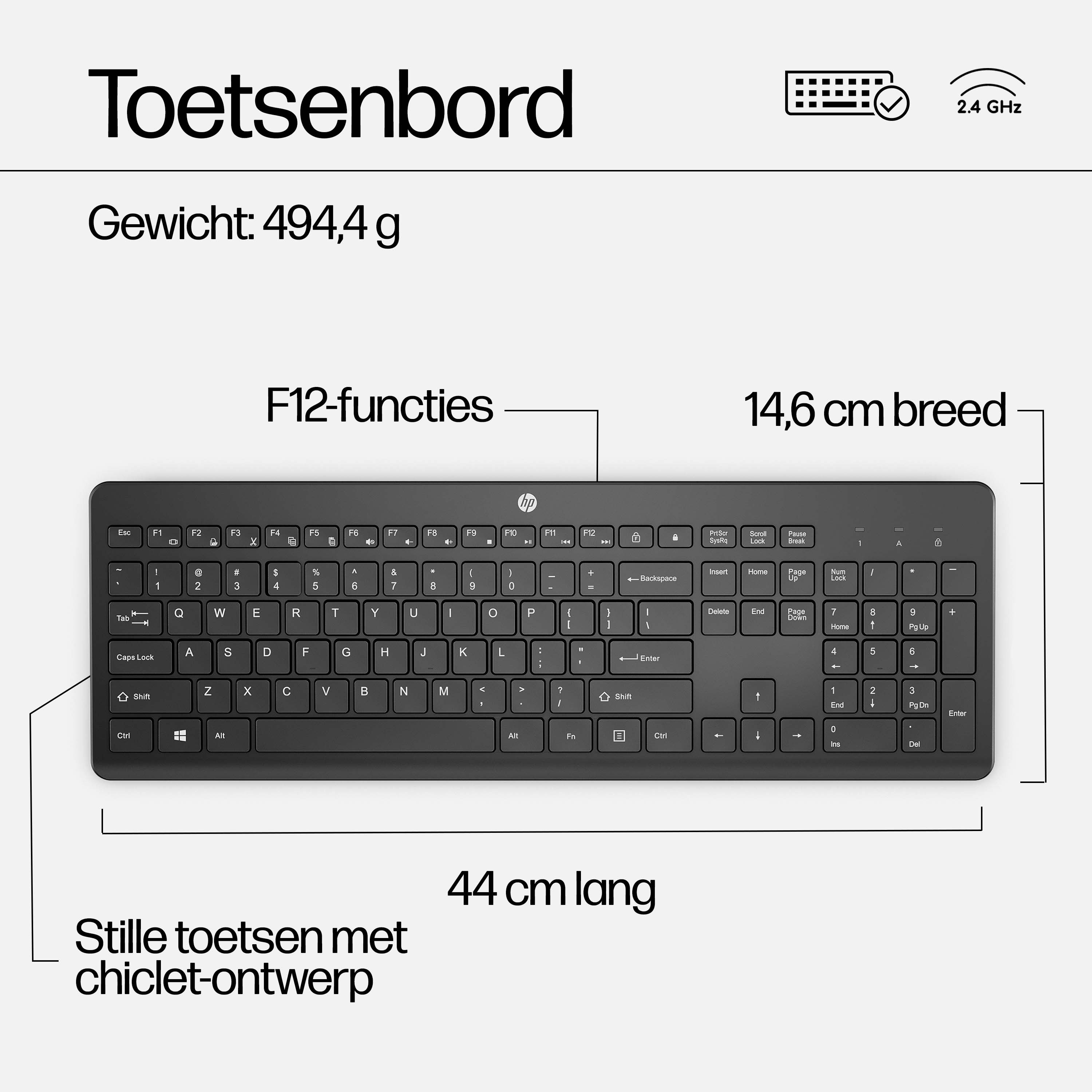 A black HP keyboard layout with labels and dimensions.