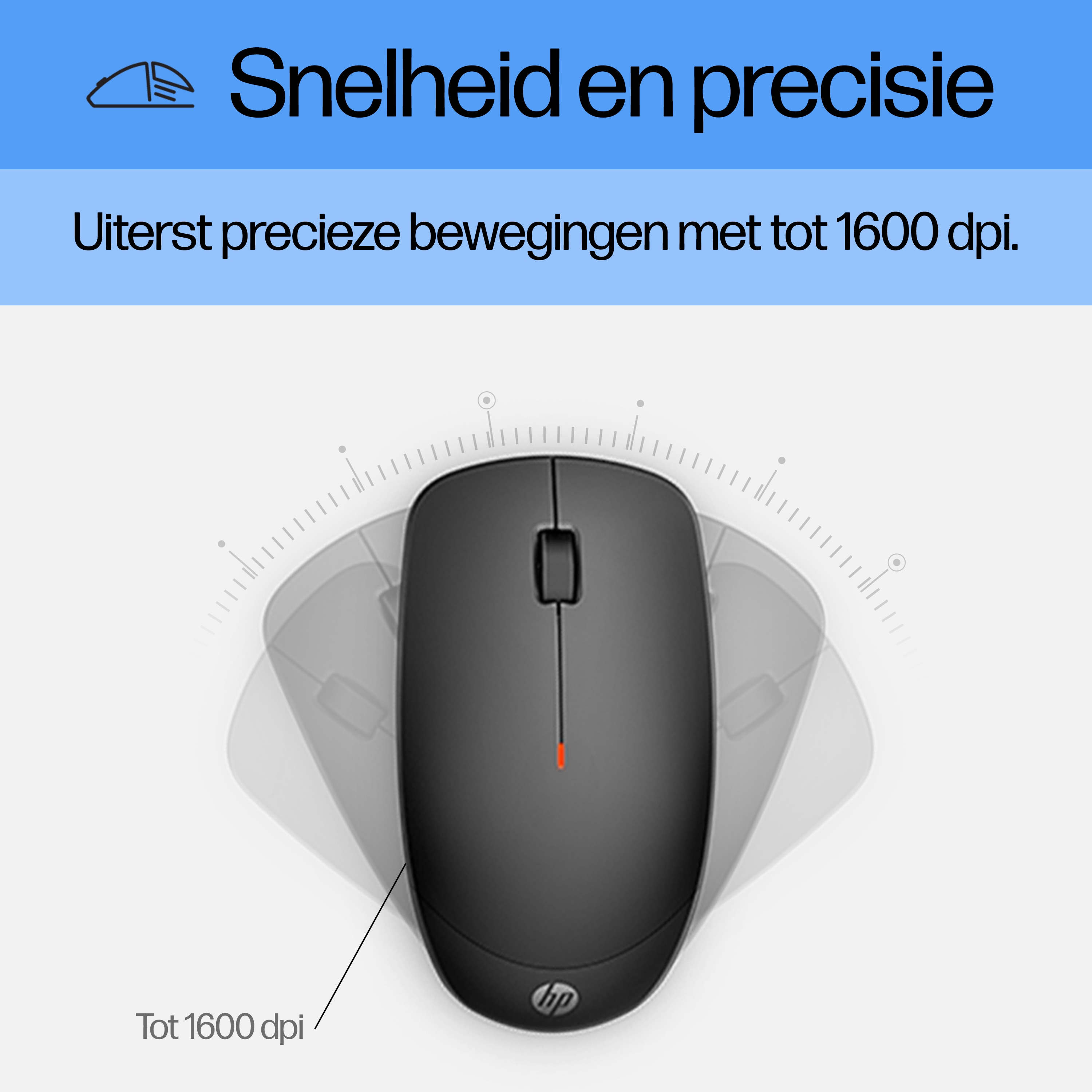 Black HP mouse with red light, up to 1600 dpi.