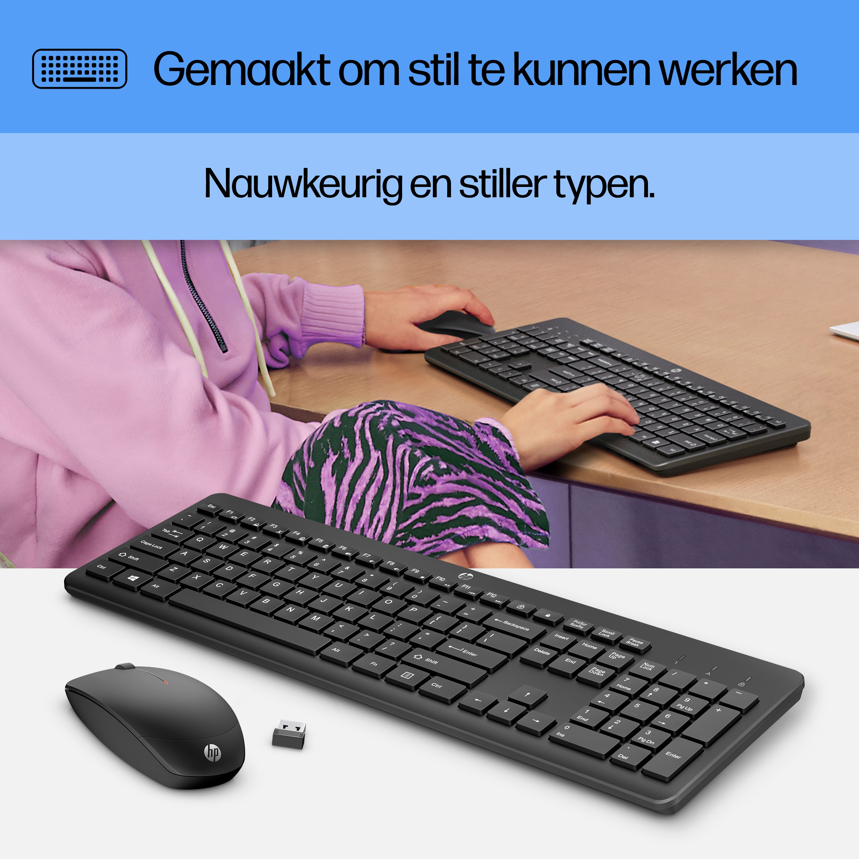 A black HP laptop keyboard and mouse set with USB receiver on a white background.