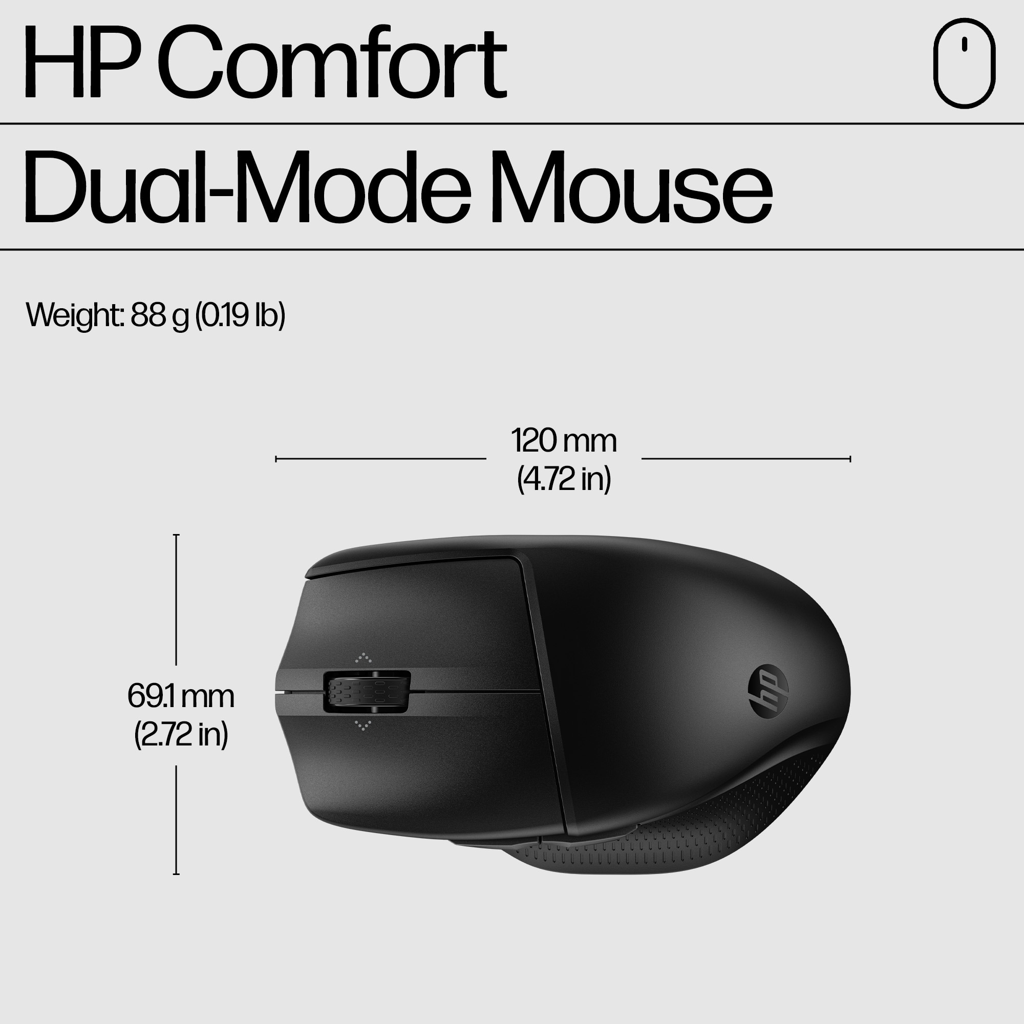 Black HP Dual-Mode Mouse with dimensions and weight indicated.