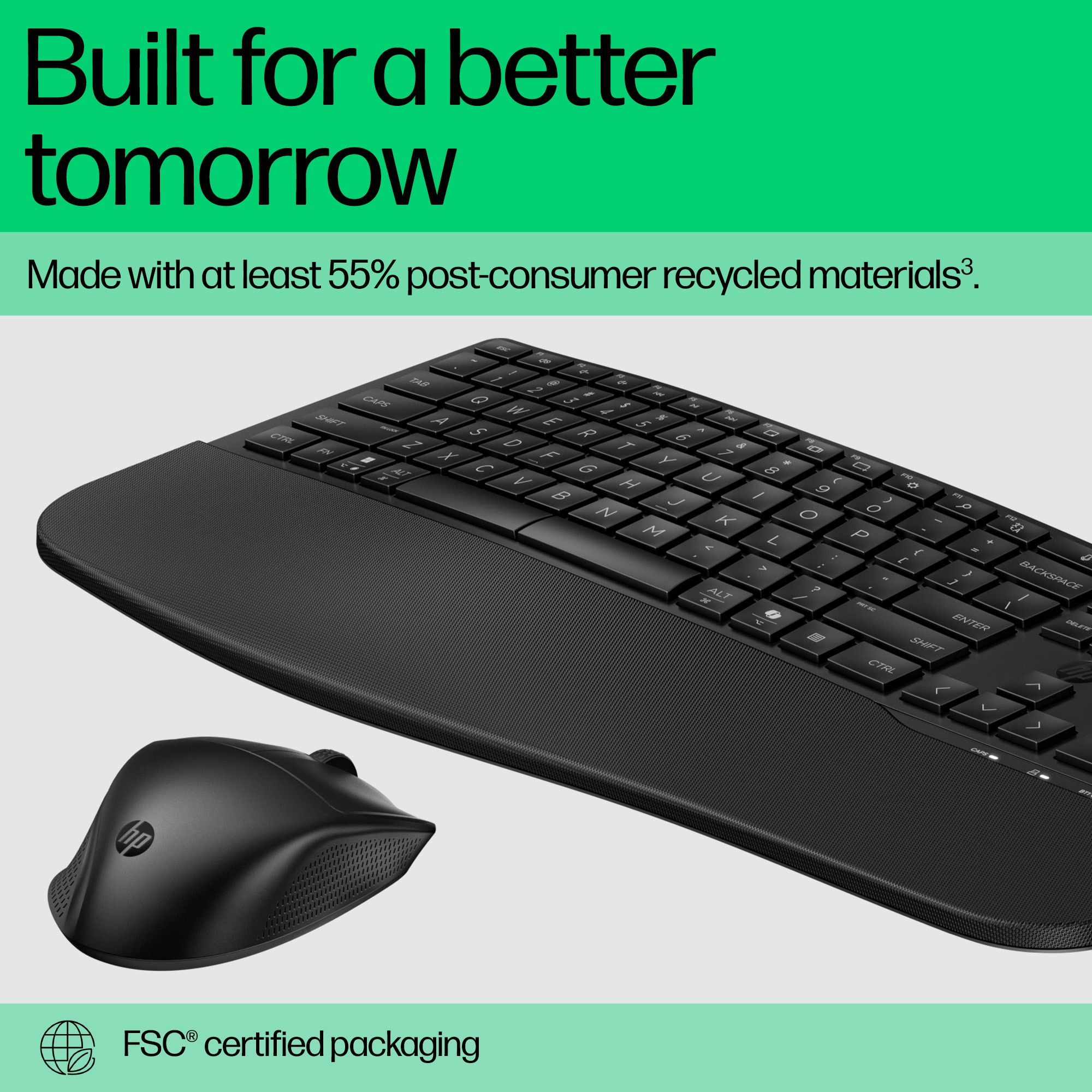 Black keyboard and mouse with text 'Built for a better tomorrow'.