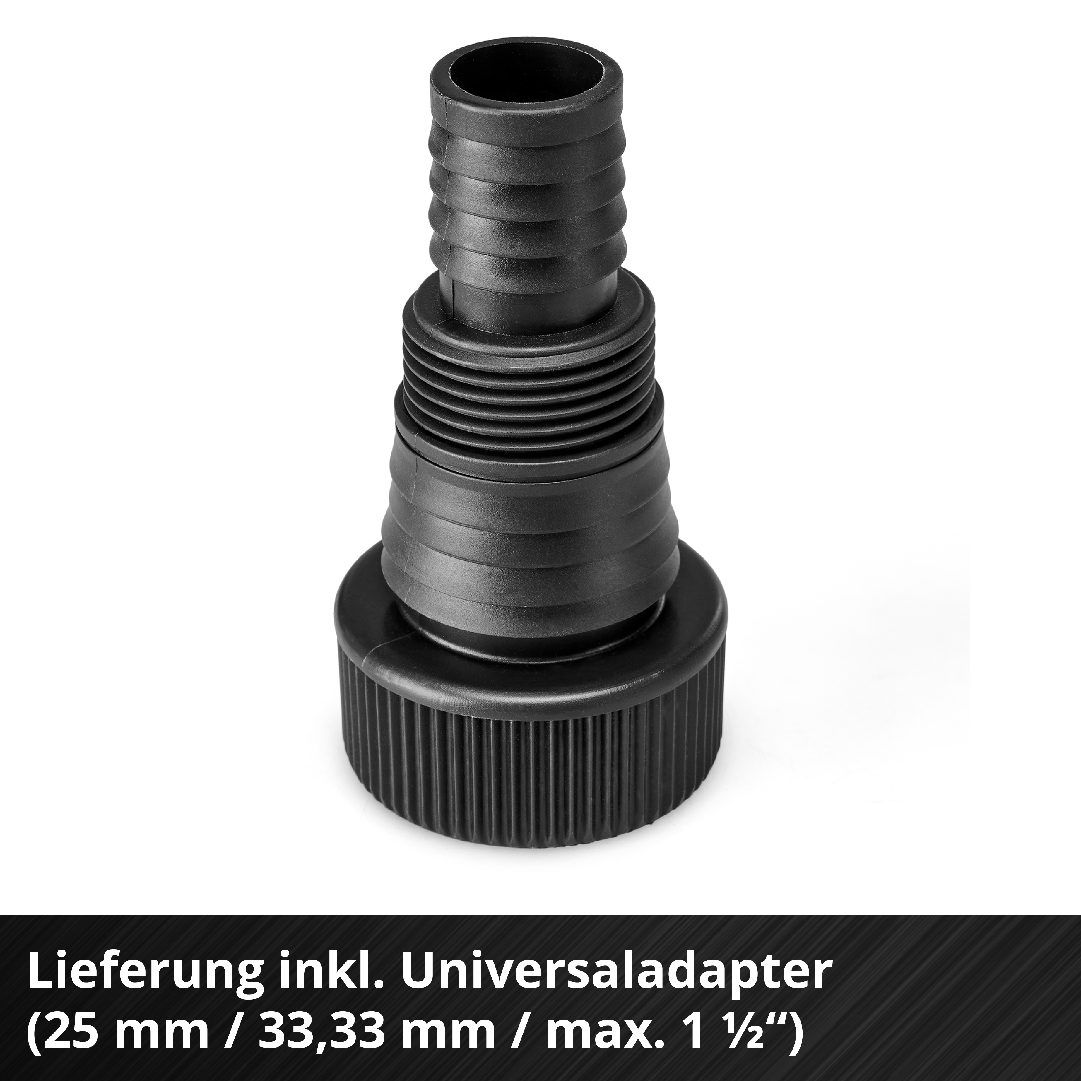 Schwarzer Kunststoff-Schlauchadapter mit geriffelten Flächen und einem konischen Ende.
