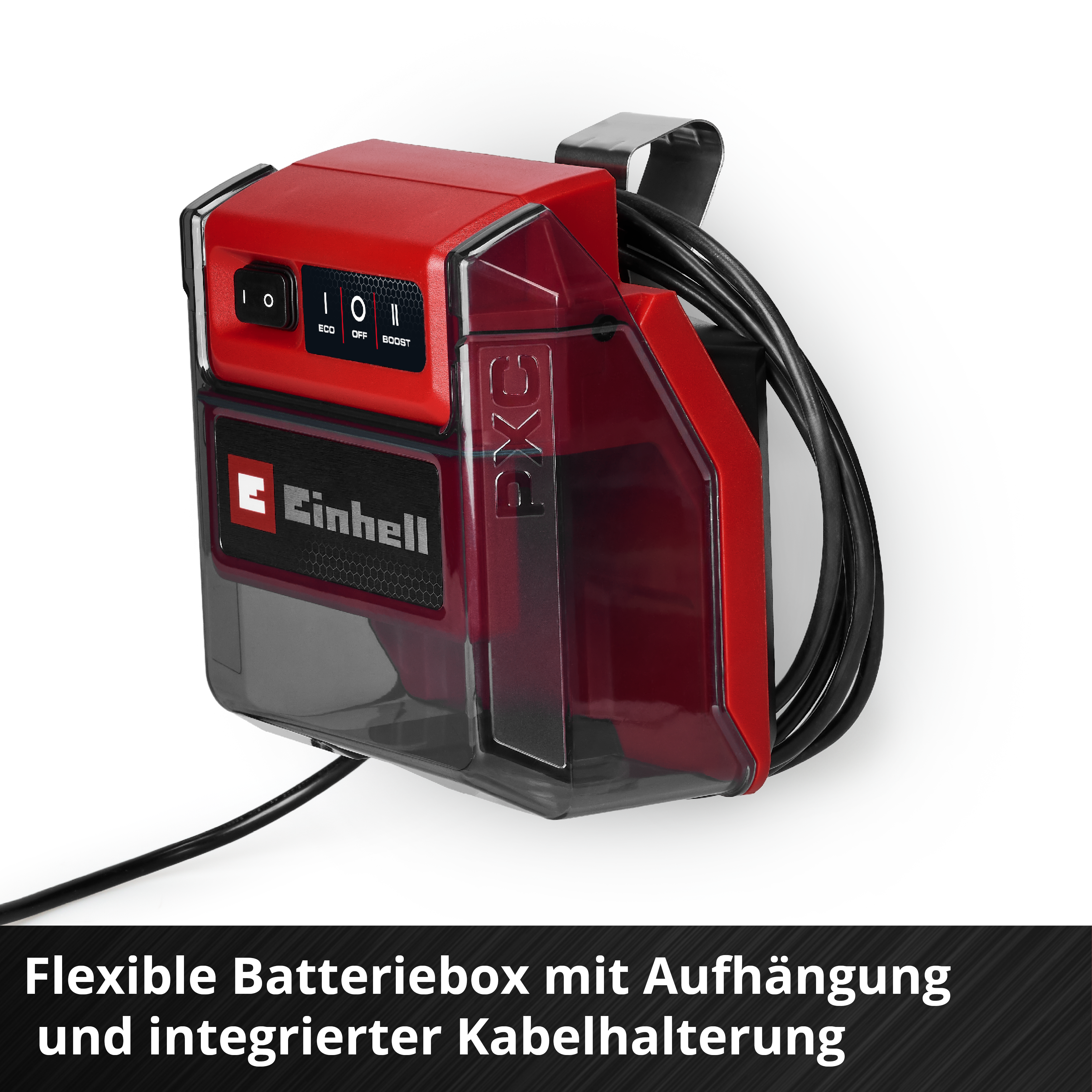 Rote Einhell PXC Batteriebox mit Aufhängung und Kabelhalterung.