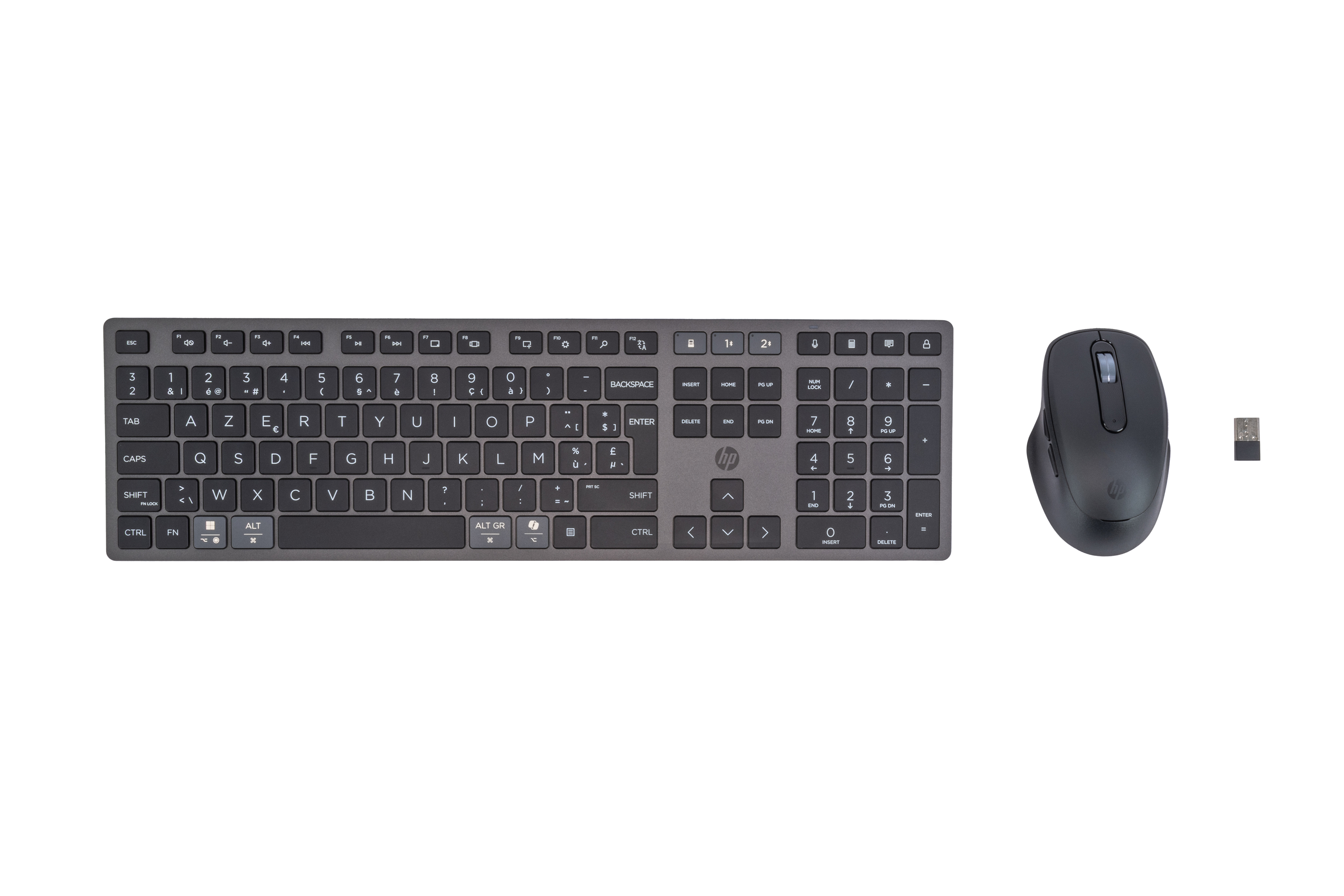 A gray keyboard and mouse with a USB dongle on a white background.
