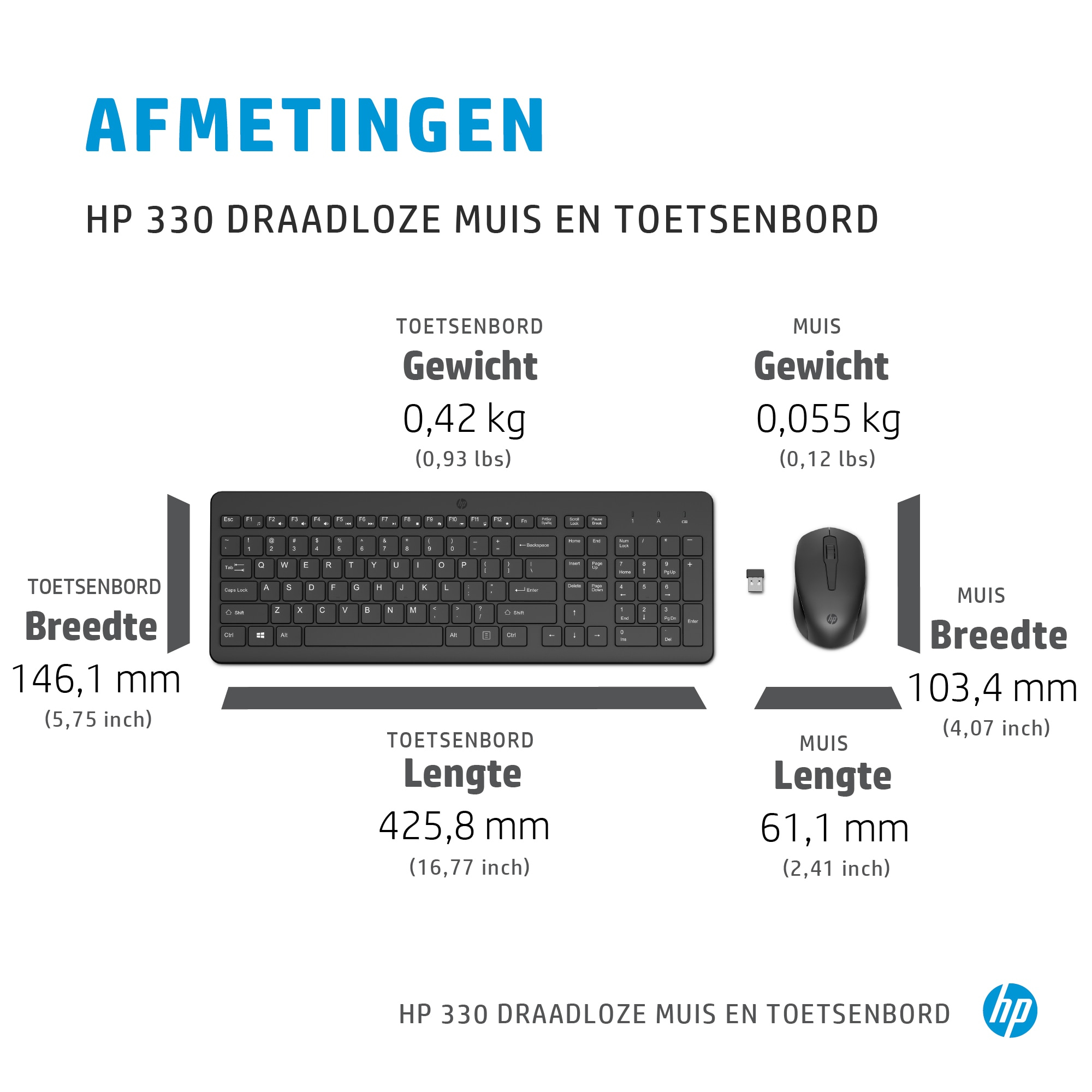 Grafiek met afmetingen en gewichten voor HP 330 muis en toetsenbord.