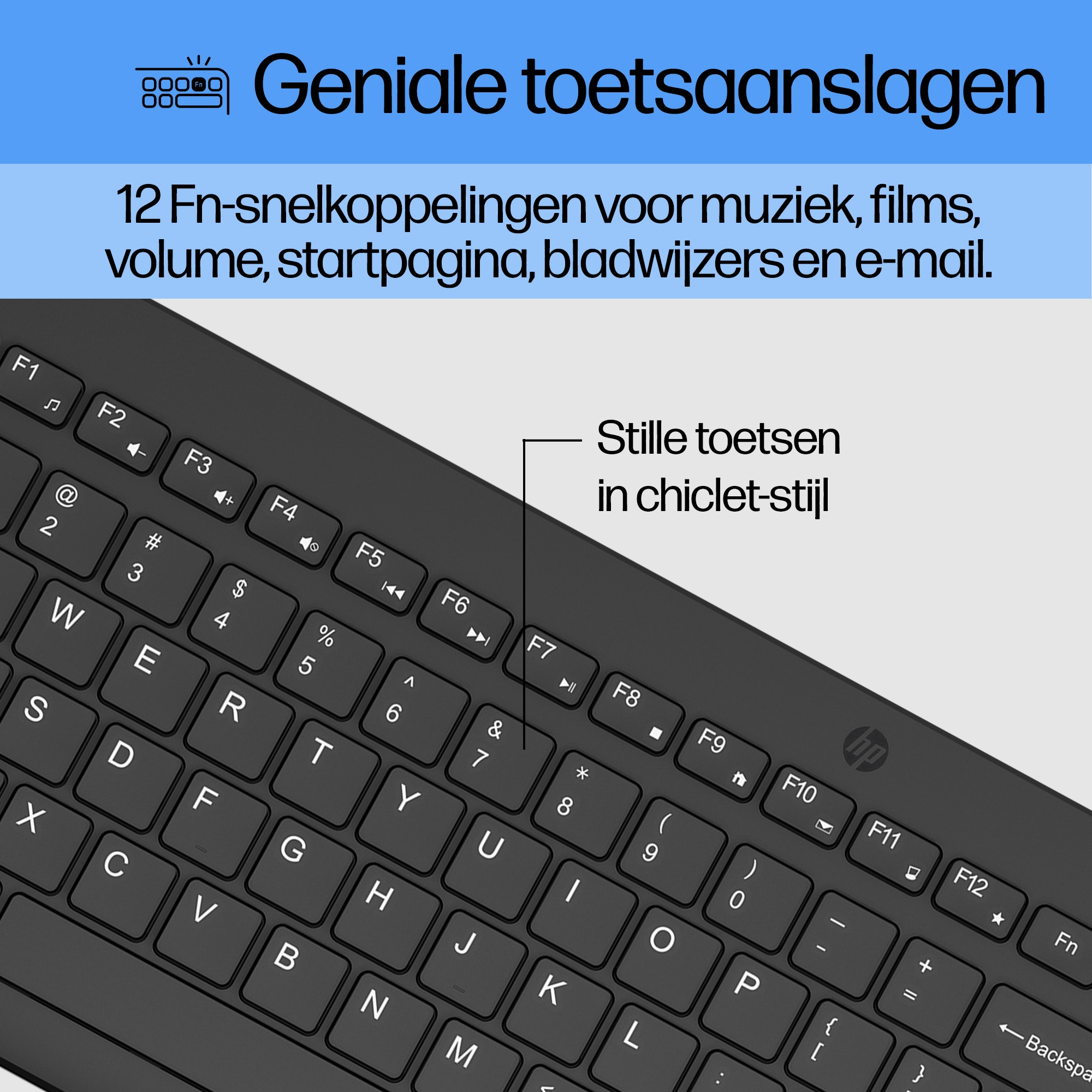 Zwart toetsenbord met Nederlandse tekst en F1-F12 functietoetsen.