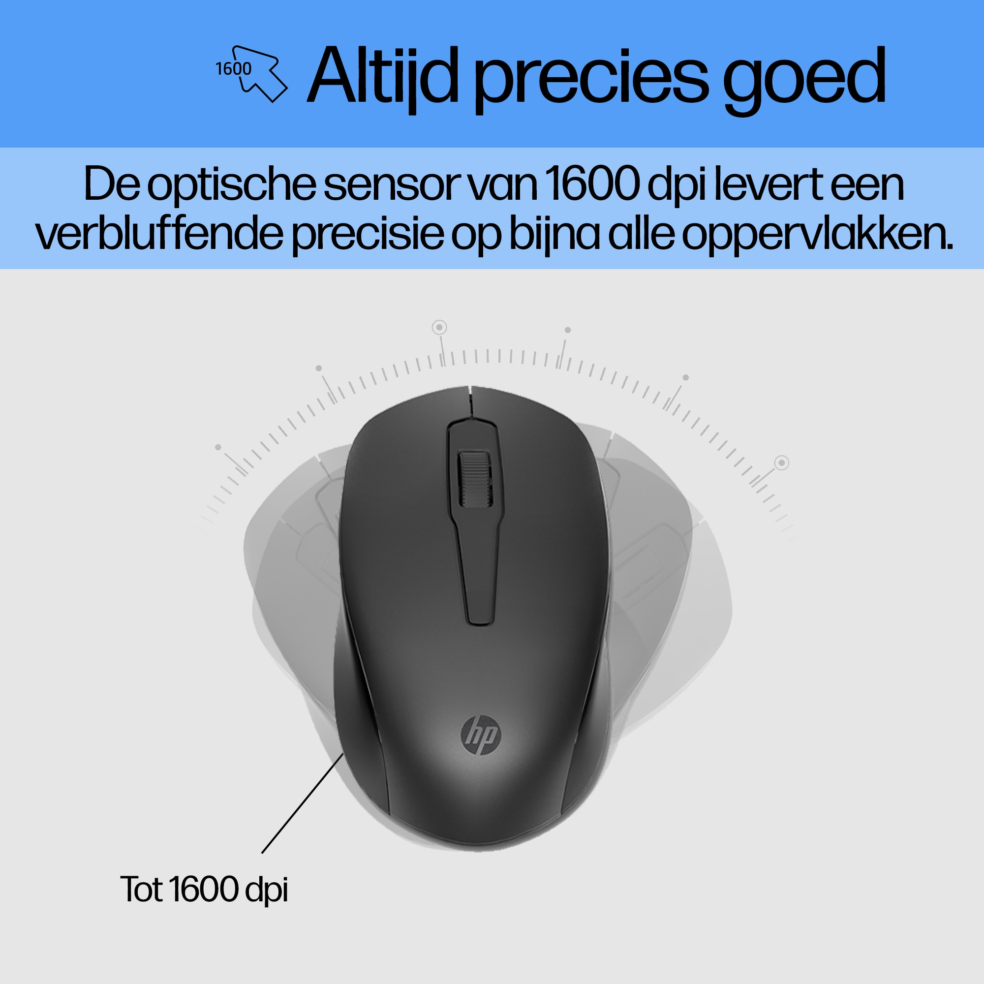 Zwarte HP muis met scrollwiel, 1600 DPI. Tekst in het Nederlands.