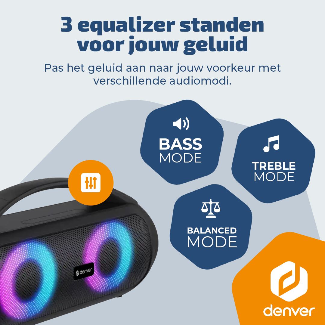 Luidspreker met drie equalizer modi: Bass, Treble en Balanced.