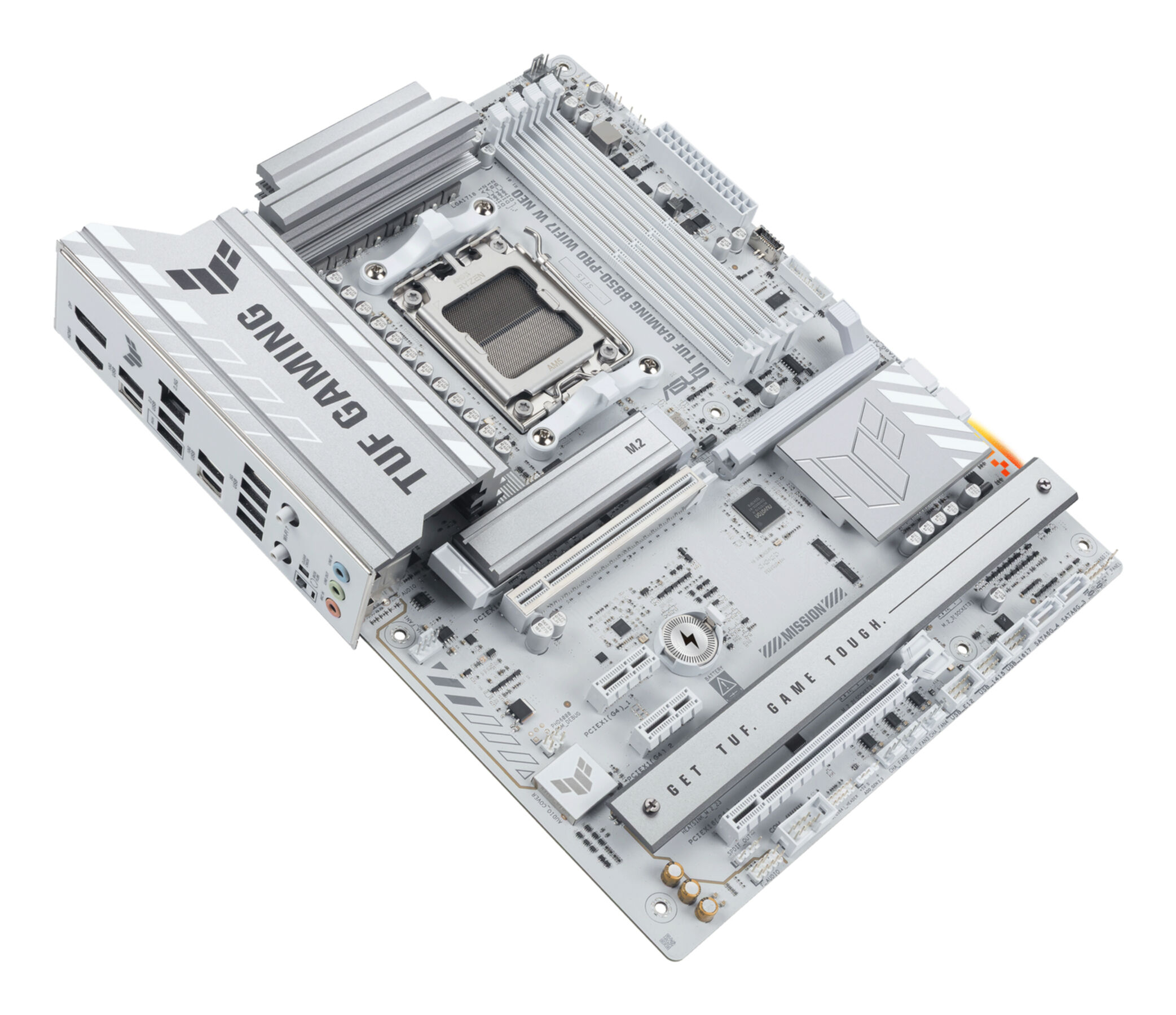 Carte mère ASUS TUF Gaming argentée avec socket CPU, emplacements RAM et radiateurs.