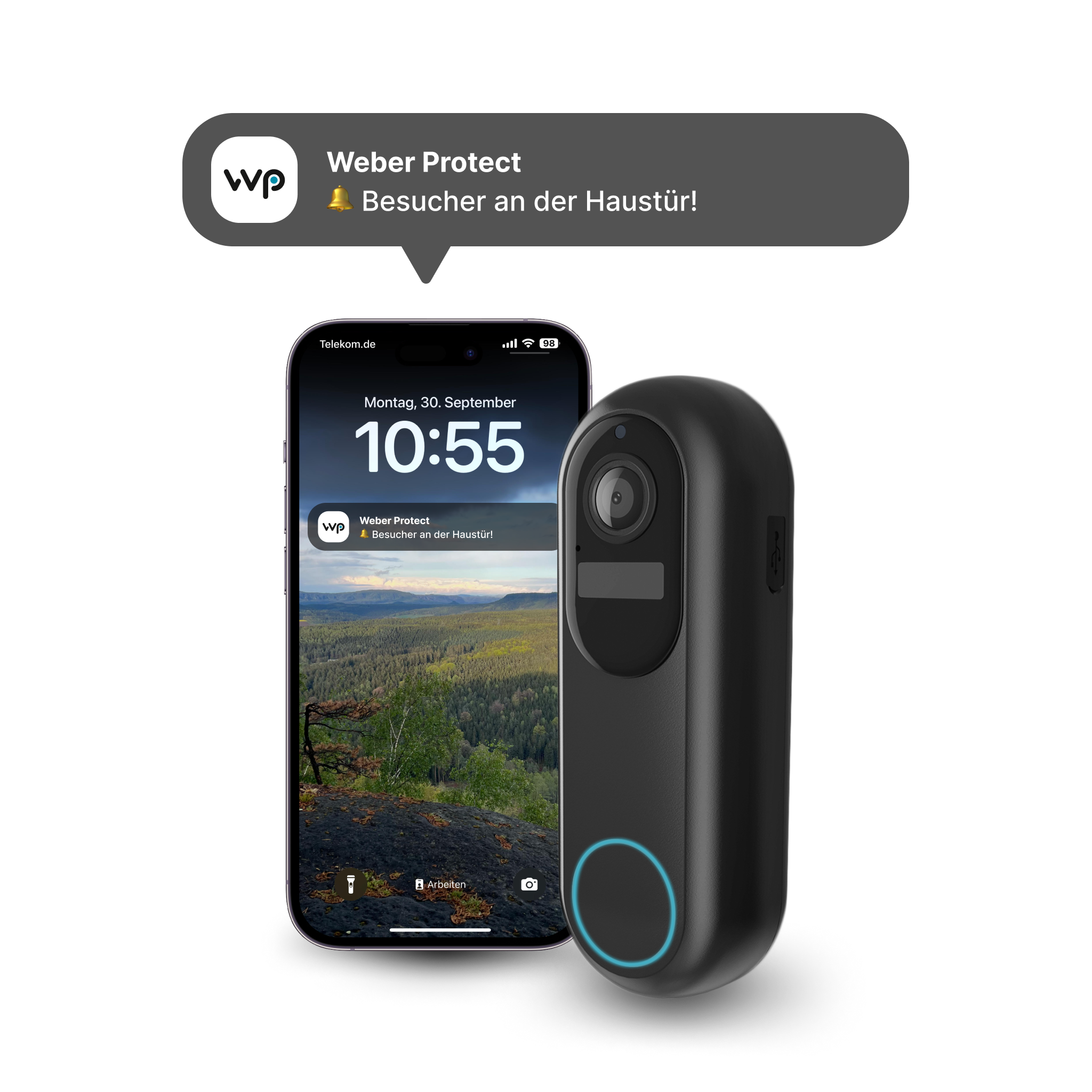 Weber Protect Türklingel neben einem Smartphone mit Benachrichtigung.