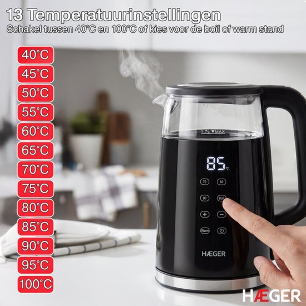 Une bouilloire électrique noire avec écran numérique affichant 85°C. Options de température à gauche.