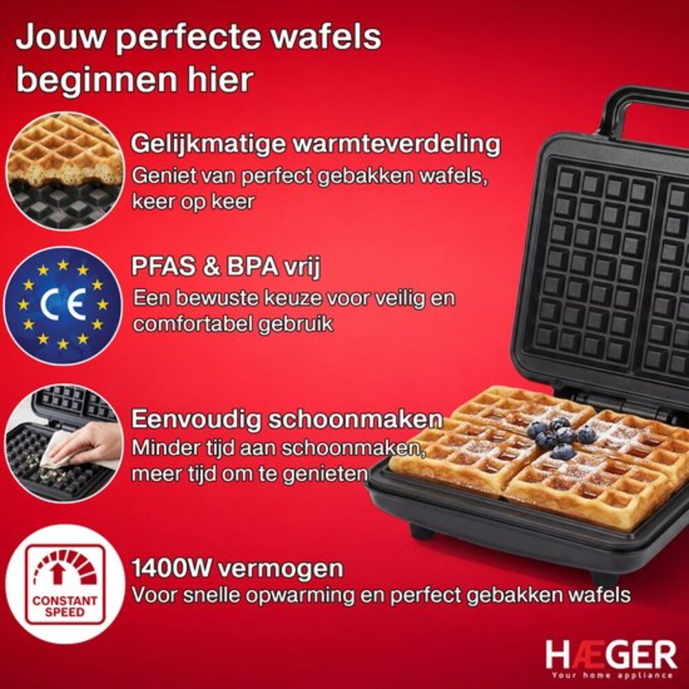 Waffle maker with 1400W, CE mark, BPA/PFAS free, easy to clean.
