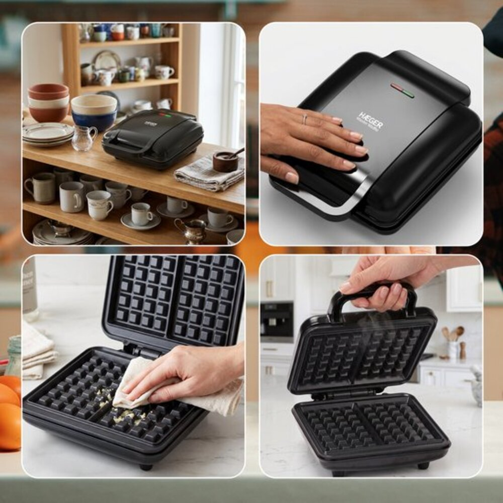 Collage of a black waffle maker: on a shelf, being closed, being cleaned, and steaming.